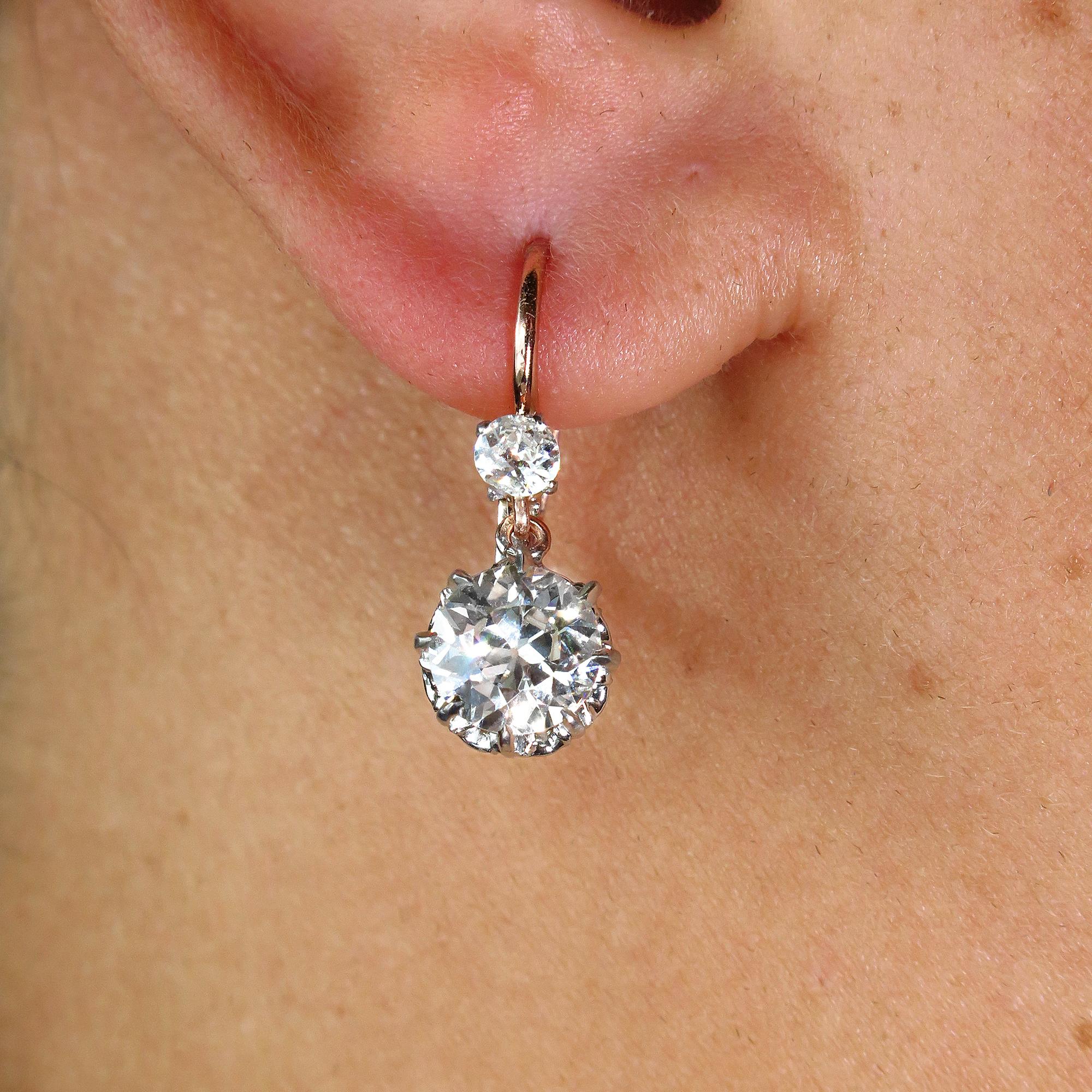 Victorian GIA 3.0 Carat Old European Diamond Dangling Platinum Gold Earrings 5