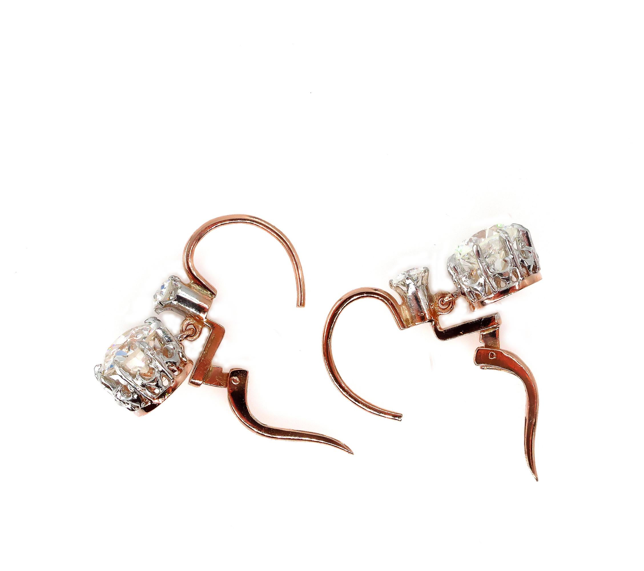 Victorian GIA 3.0 Carat Old European Diamond Dangling Platinum Gold Earrings 1