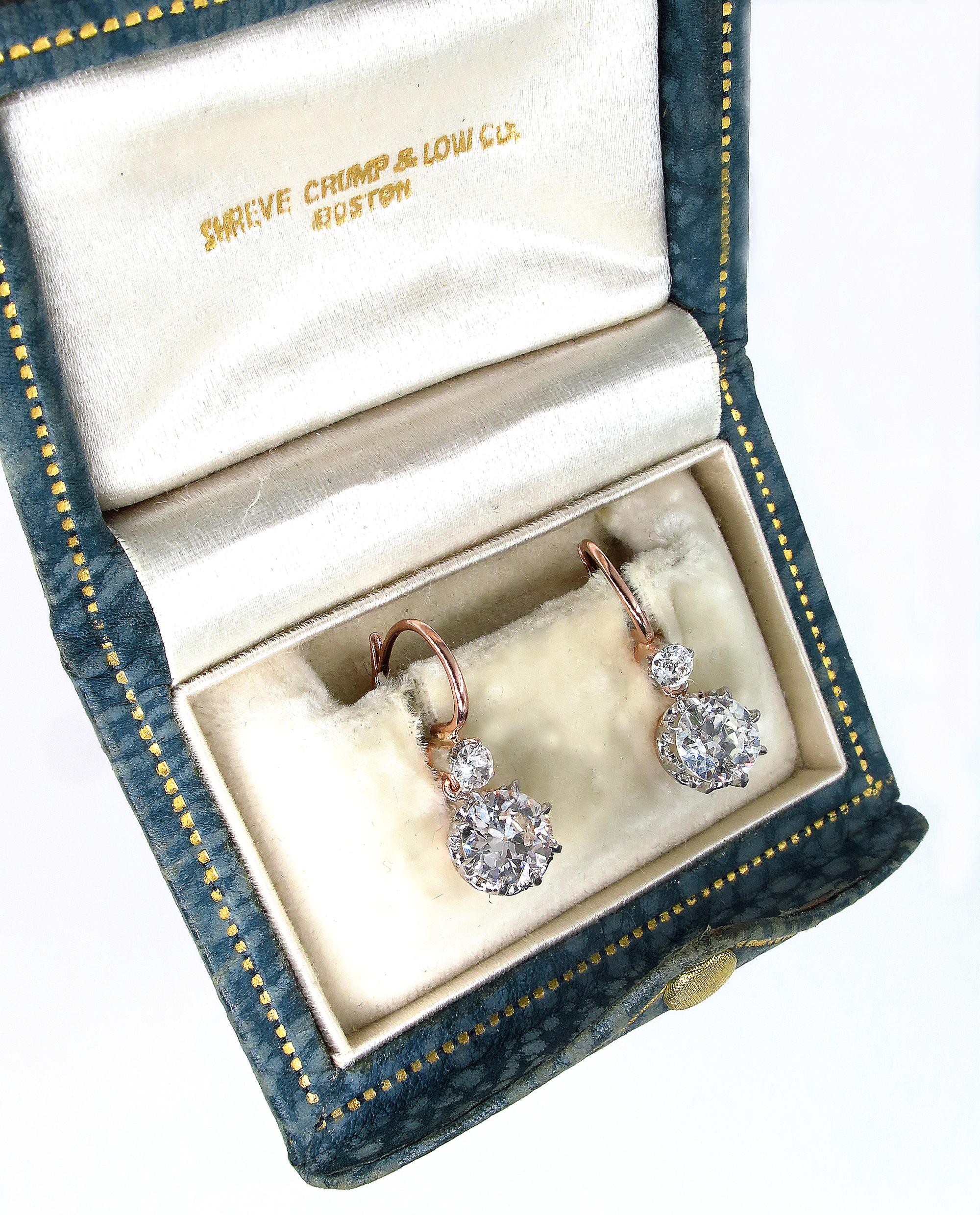 Victorian GIA 3.0 Carat Old European Diamond Dangling Platinum Gold Earrings 3
