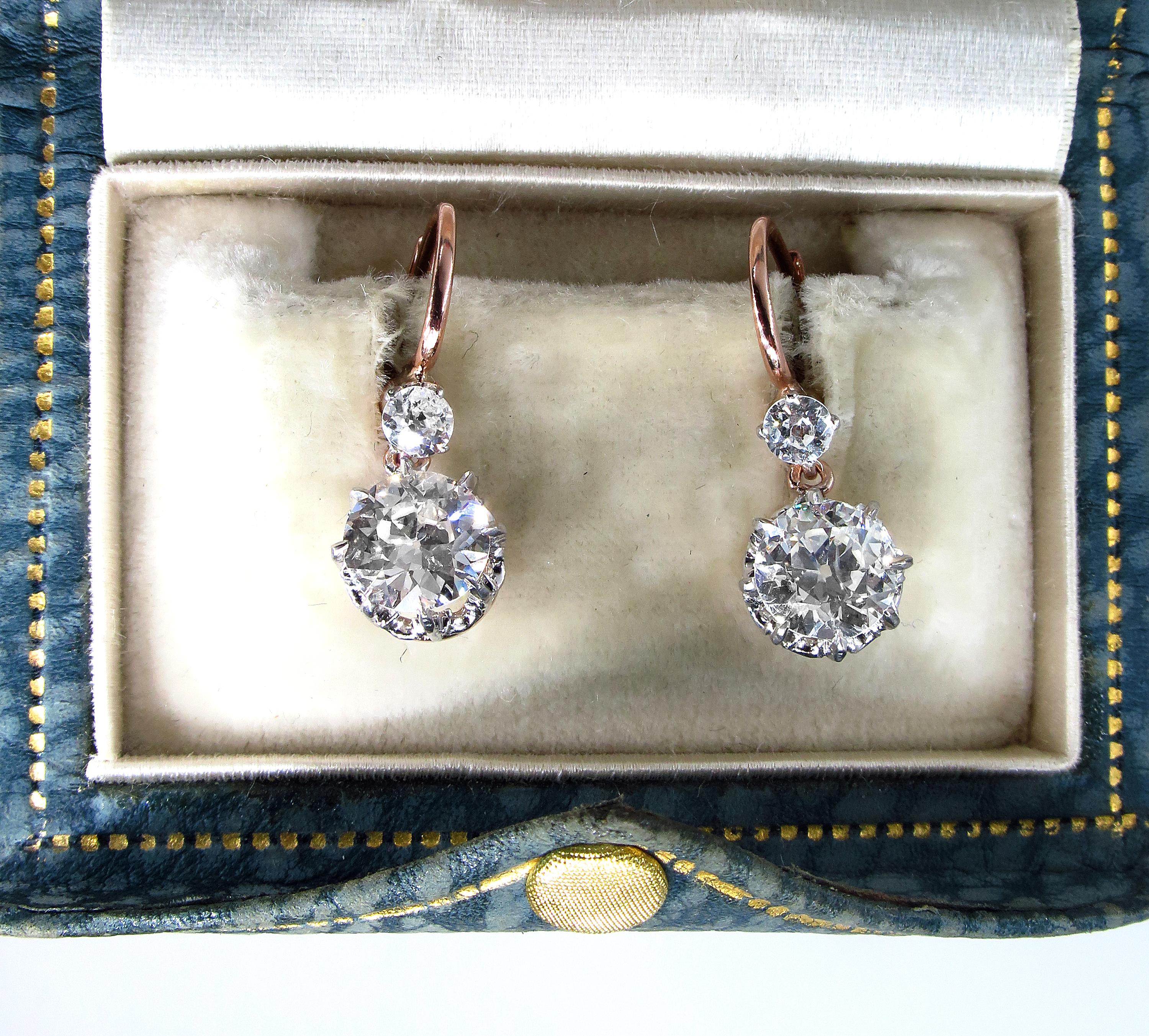 Victorian GIA 3.0 Carat Old European Diamond Dangling Platinum Gold Earrings 4