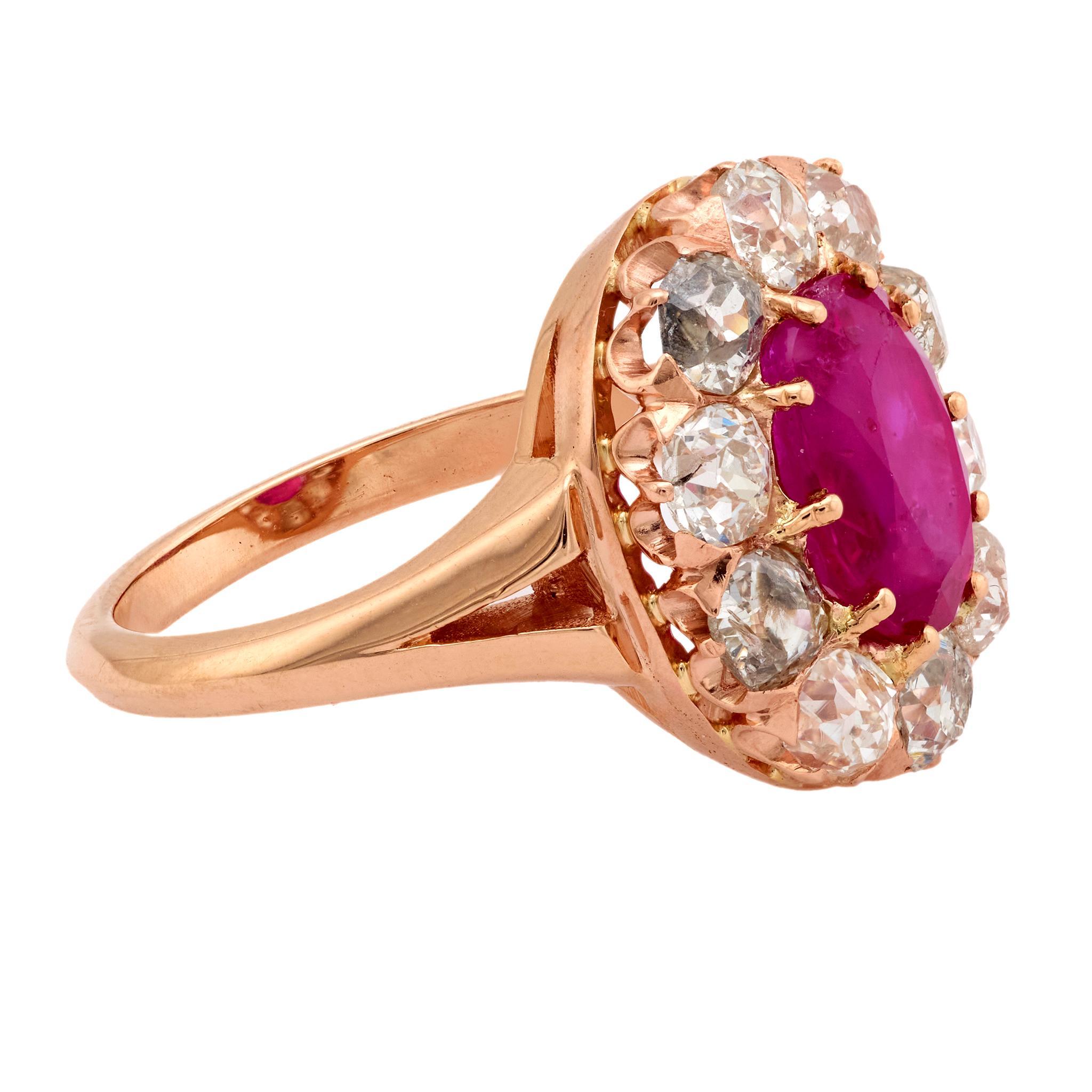 Bague victorienne GIA 3.68 carat Burma no heat ruby diamond 14k rose gold cluster ring Bon état - En vente à Beverly Hills, CA