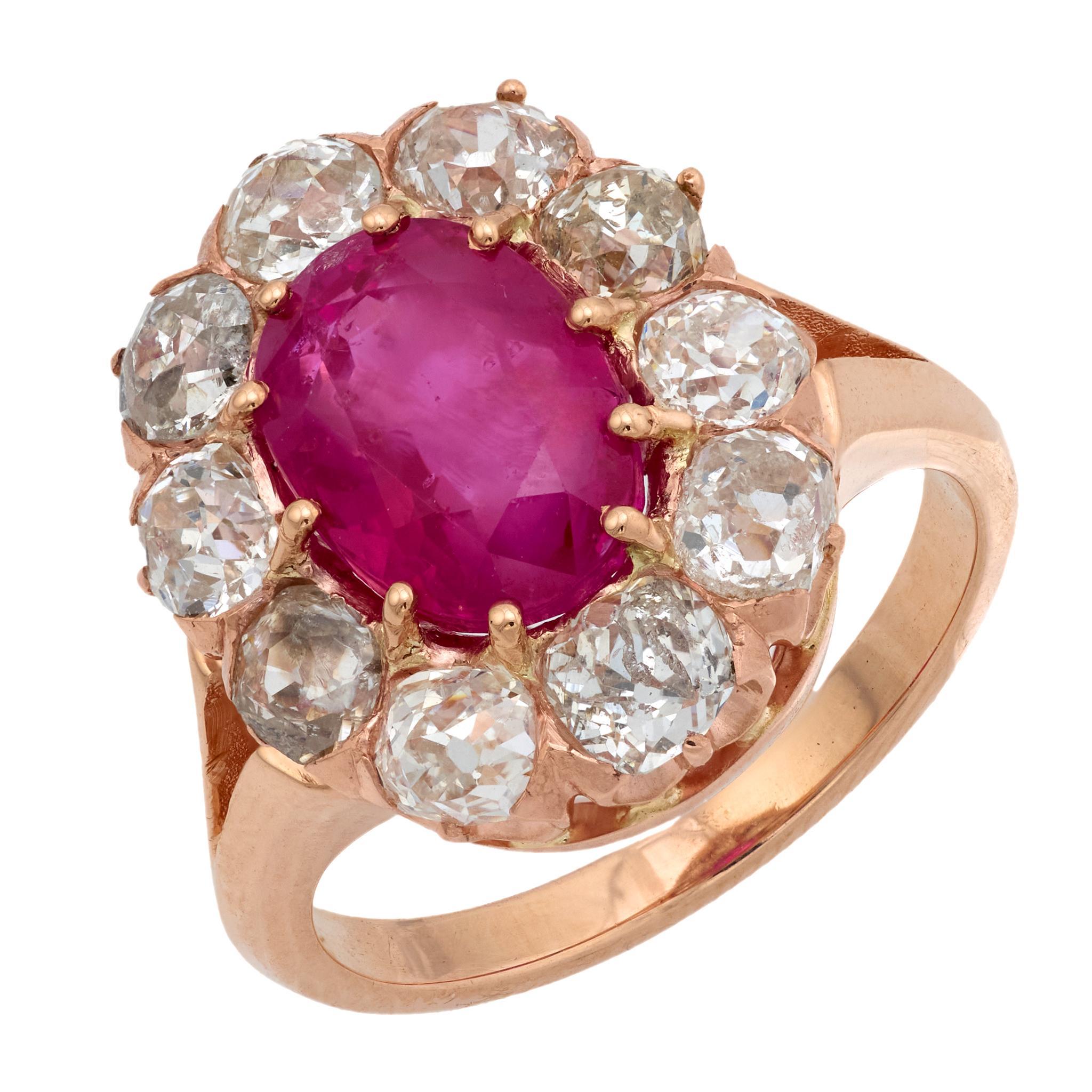 Bague victorienne GIA 3.68 carat Burma no heat ruby diamond 14k rose gold cluster ring en vente 2