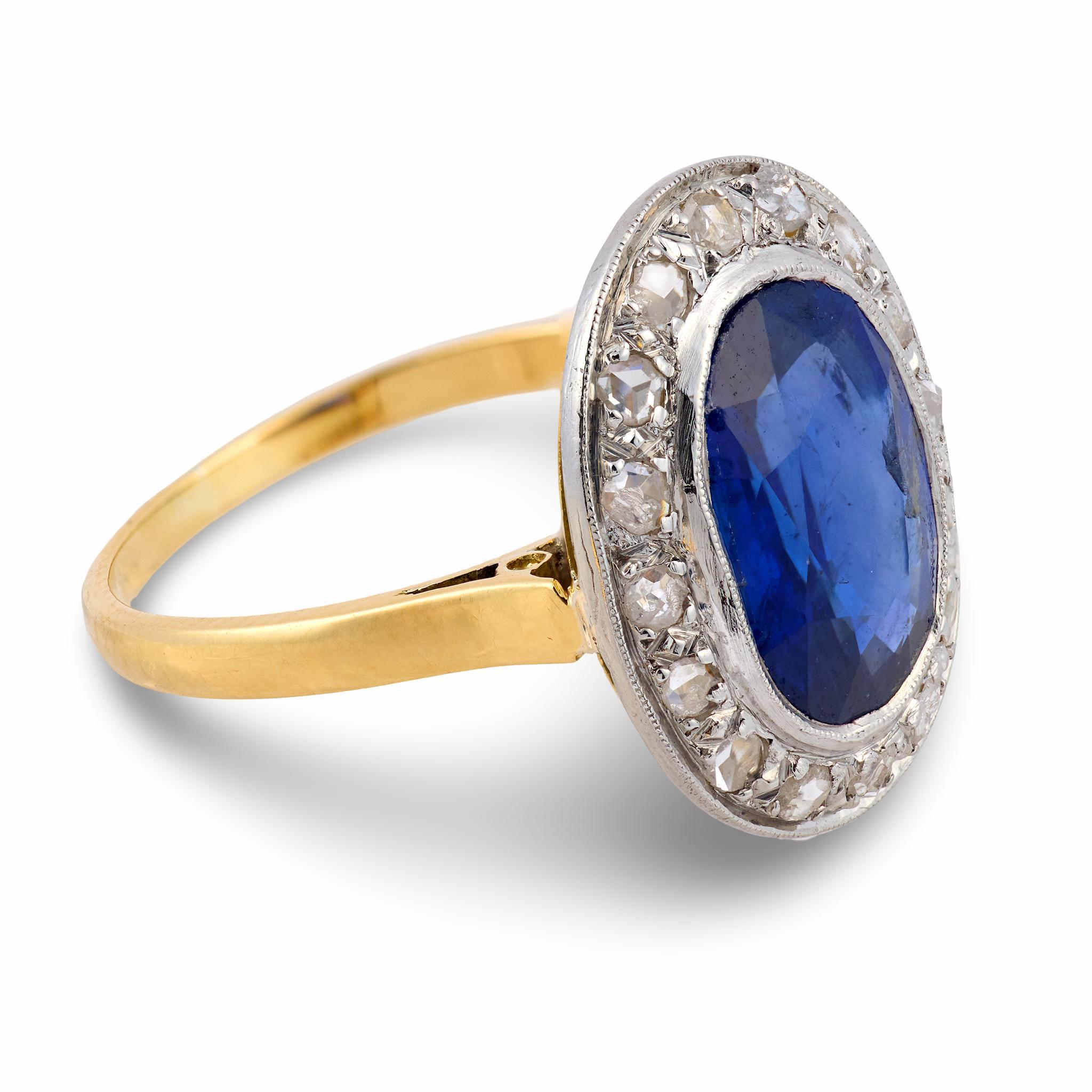 Bague victorienne GIA 3.70 saphir diamant taille rose or jaune 14k Bon état - En vente à Beverly Hills, CA