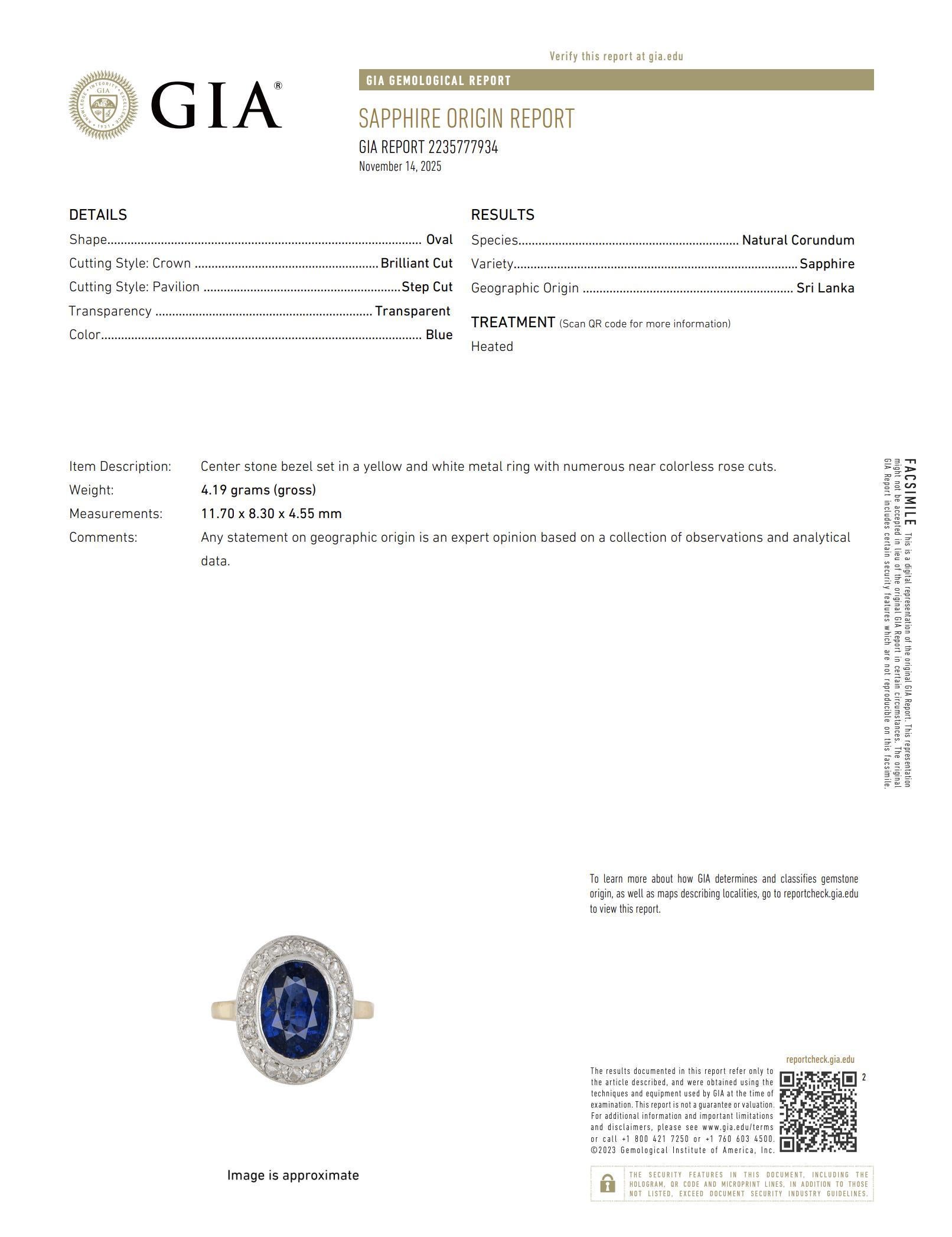 Bague victorienne GIA 3.70 saphir diamant taille rose or jaune 14k en vente 1