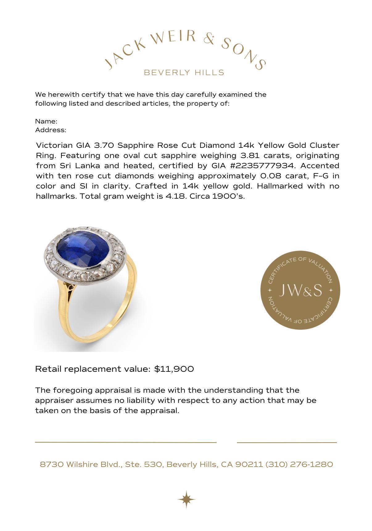 Bague victorienne GIA 3.70 saphir diamant taille rose or jaune 14k en vente 2