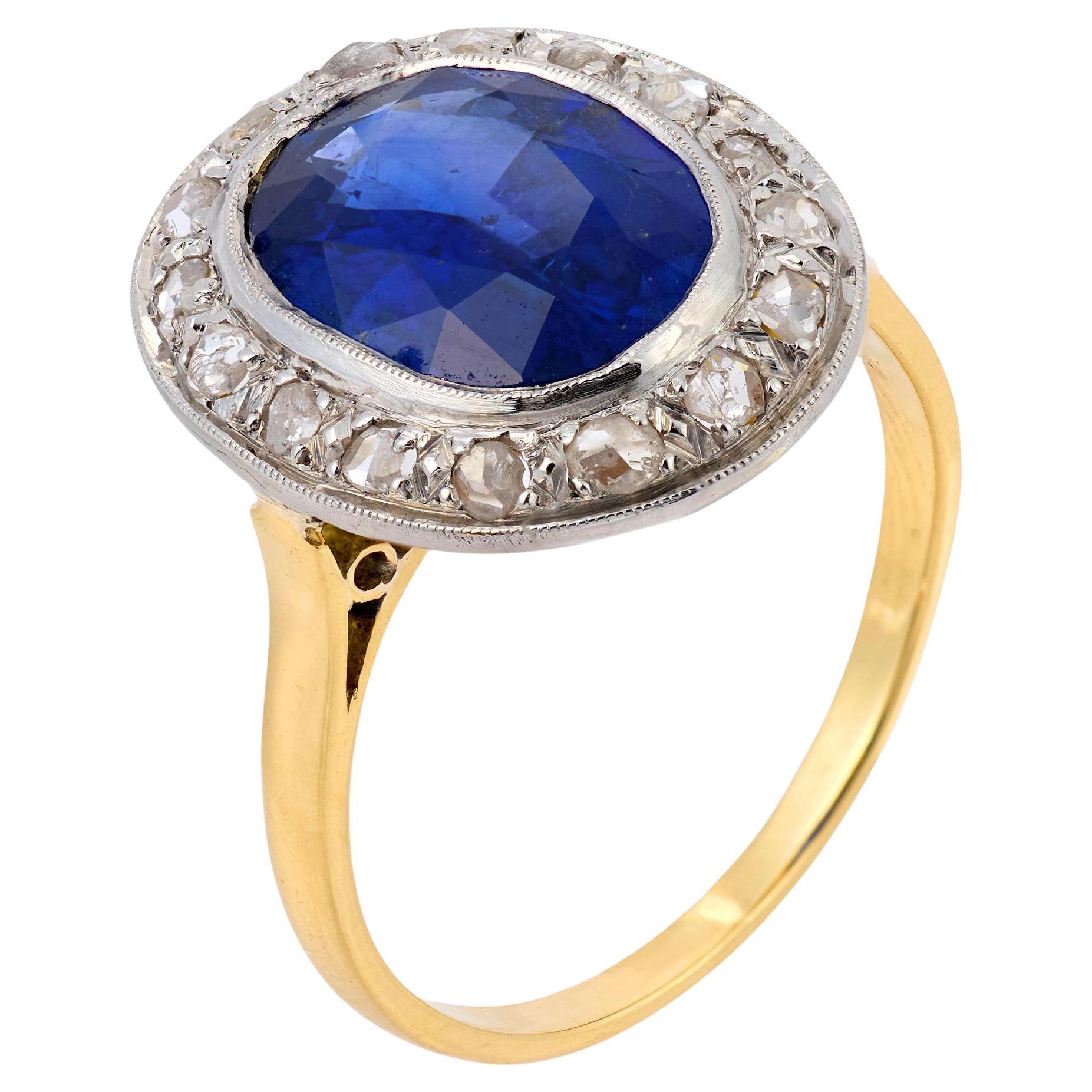 Victorian GIA 3.70 sapphire rose cut diamond 14k yellow gold cluster ring