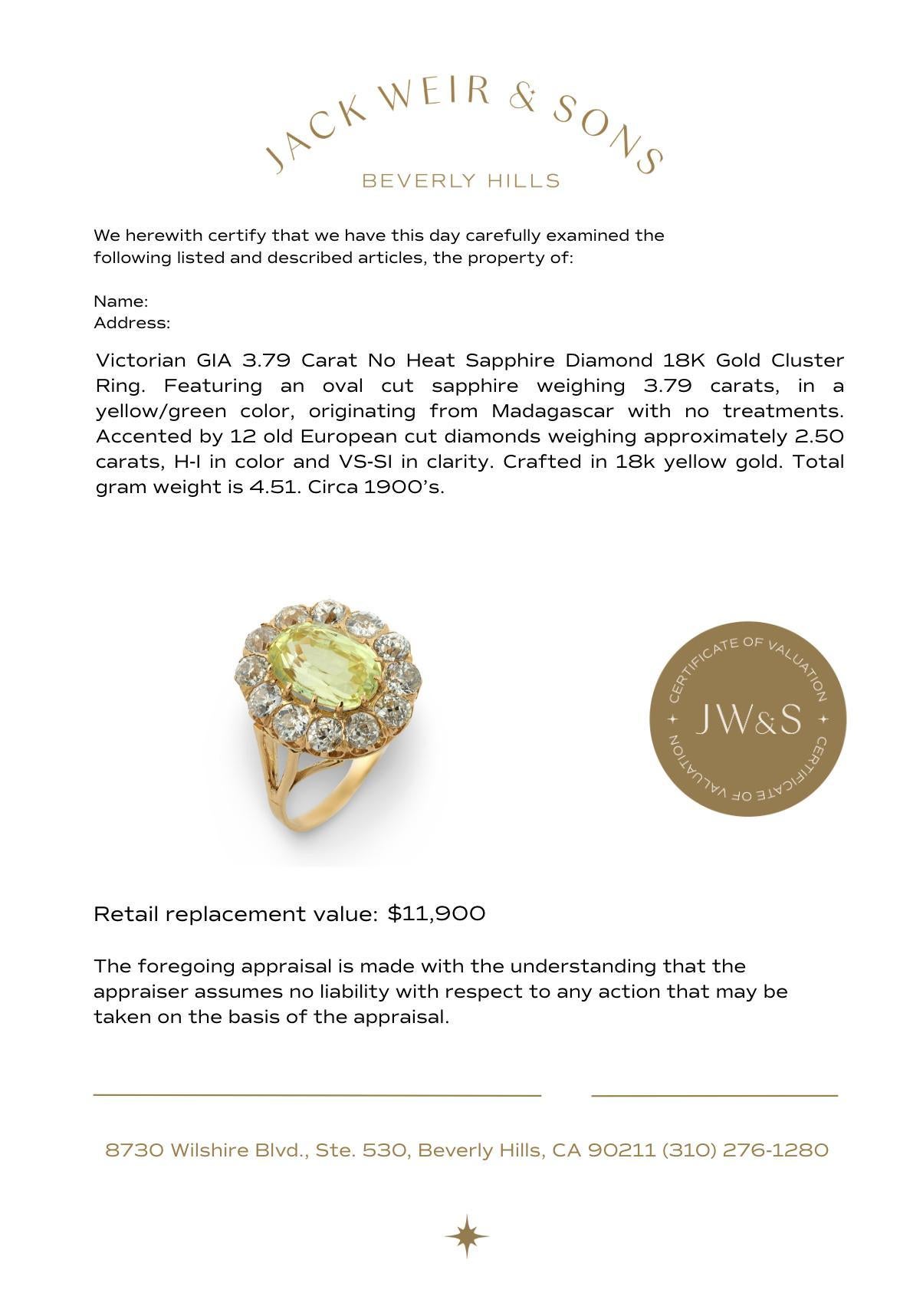 Bague victorienne GIA 3,79 carats saphir sans chaleur diamant en or 18k en vente 2