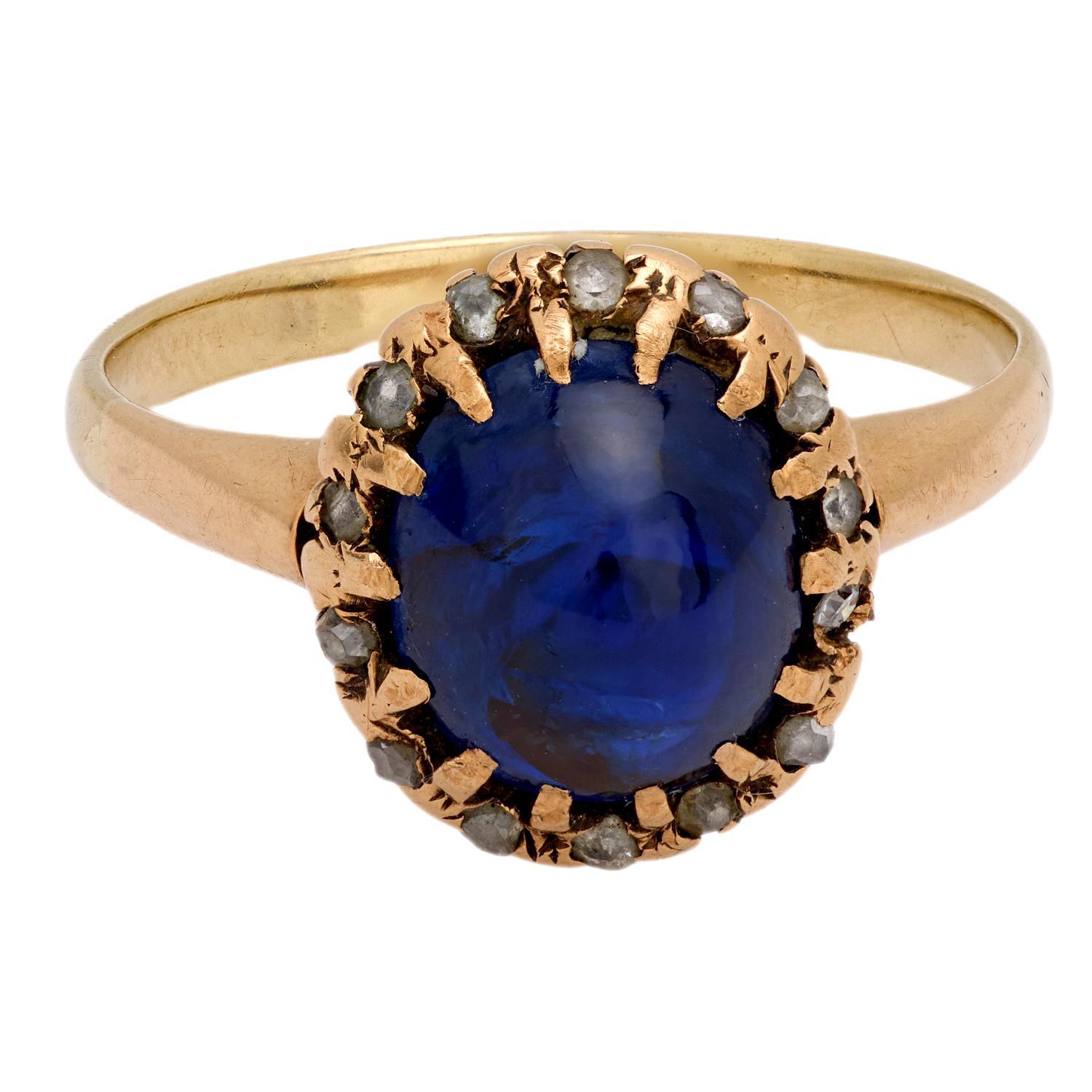Victorien Bague victorienne en or jaune 14 carats avec saphir cabochon de 4,10 carats, certifié GIA, sans chaleur en vente