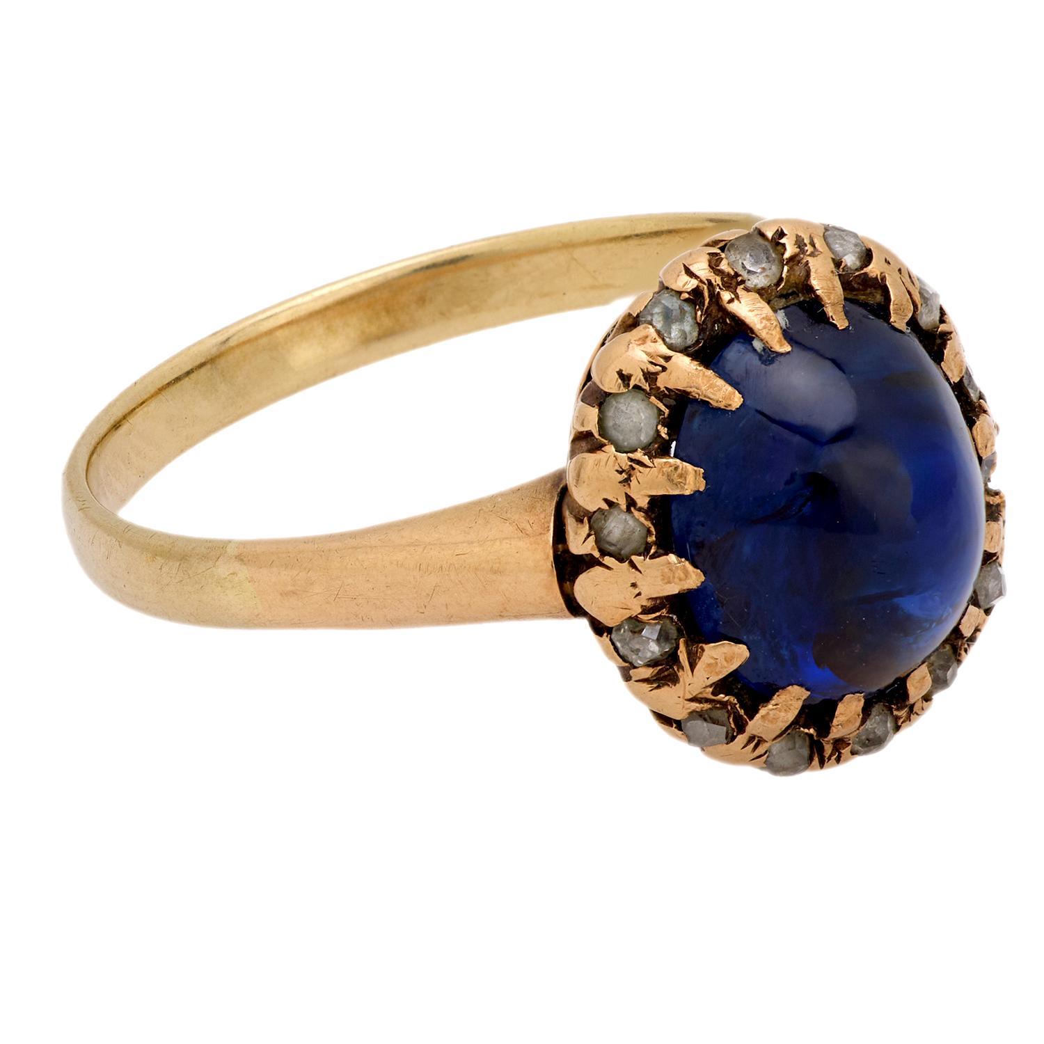 Bague victorienne en or jaune 14 carats avec saphir cabochon de 4,10 carats, certifié GIA, sans chaleur Bon état - En vente à Beverly Hills, CA