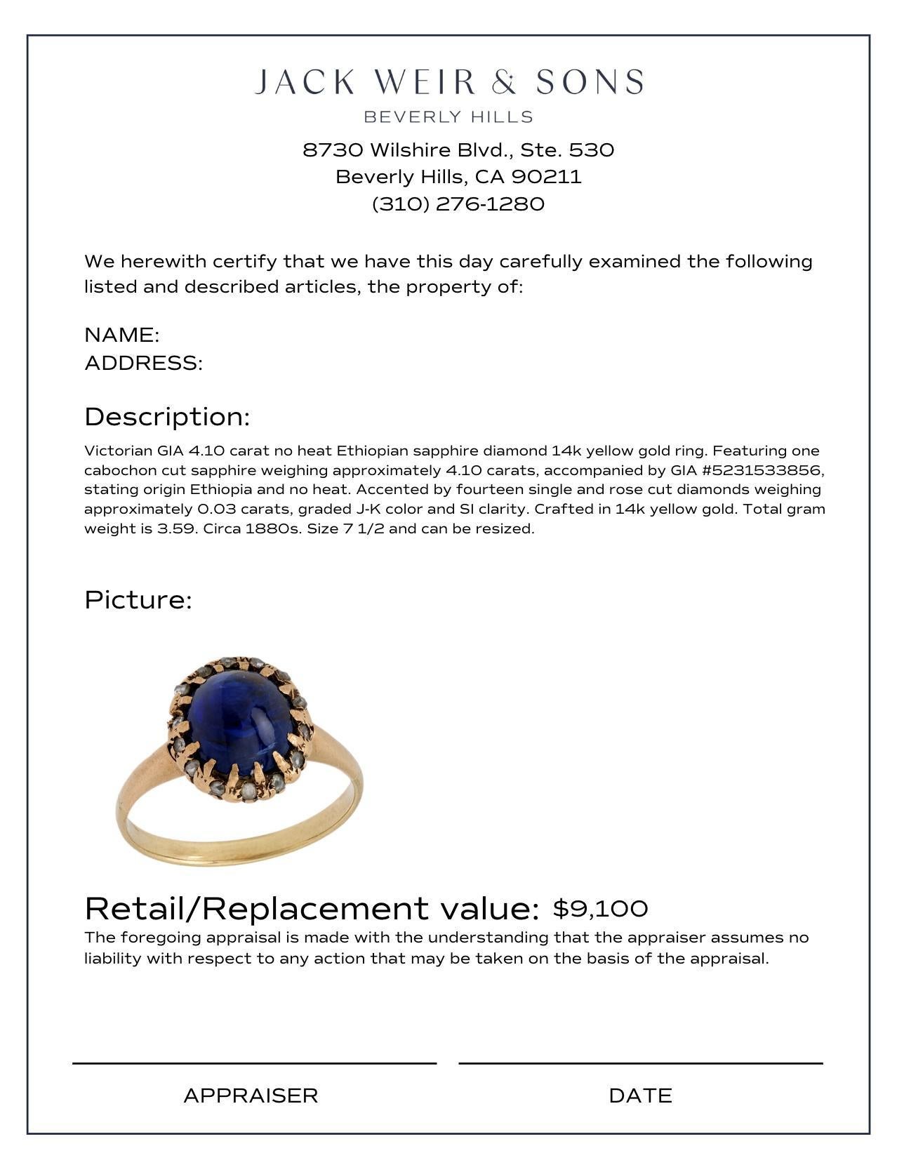 Bague victorienne en or jaune 14 carats avec saphir cabochon de 4,10 carats, certifié GIA, sans chaleur Pour femmes en vente