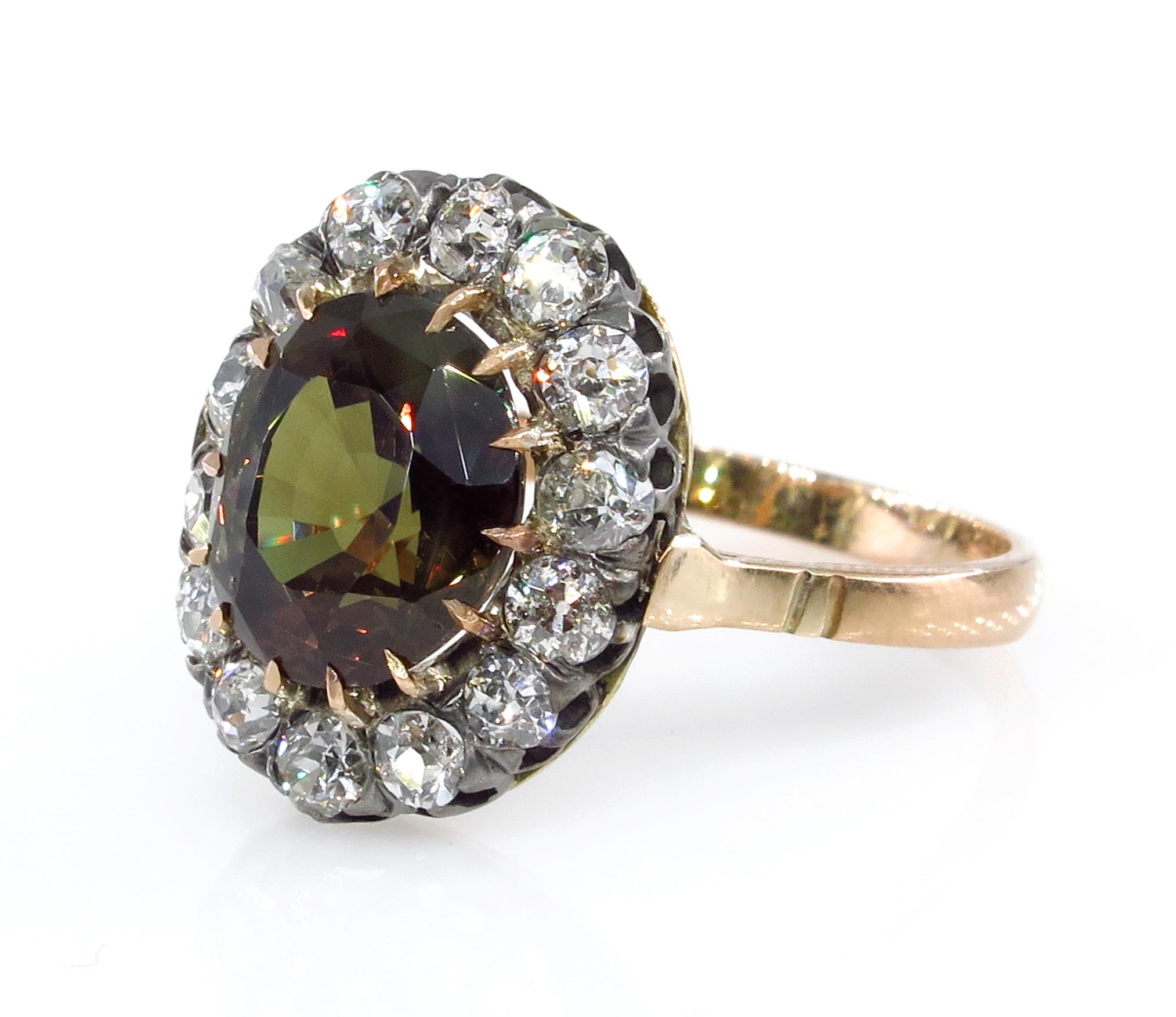 This European-made Cluster ring screams Victorian, circa 1880, and showcases rare, collectible Natural Alexandrite & twinkling Old Mine cut diamonds. A perfect alternative to a traditional Engagement, Wedding or Anniversary ring, this would also