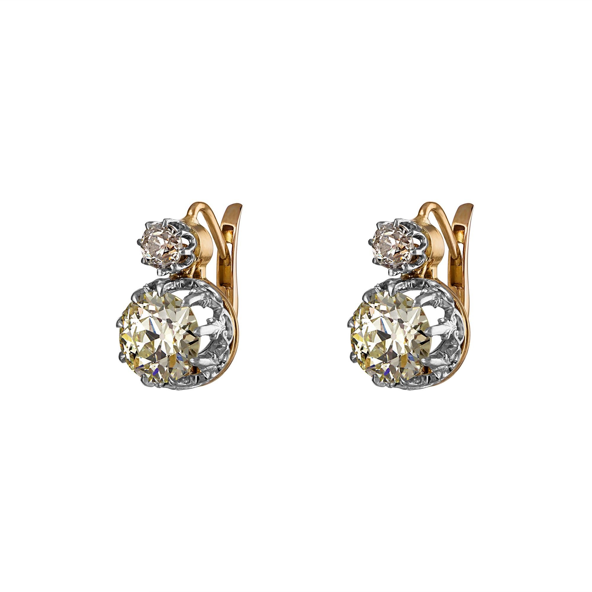 Taille vieille Europe Boucles d'oreilles victoriennes pendantes en or rose 18 carats avec diamants européens anciens de 5,21 carats certifiés GIA en vente