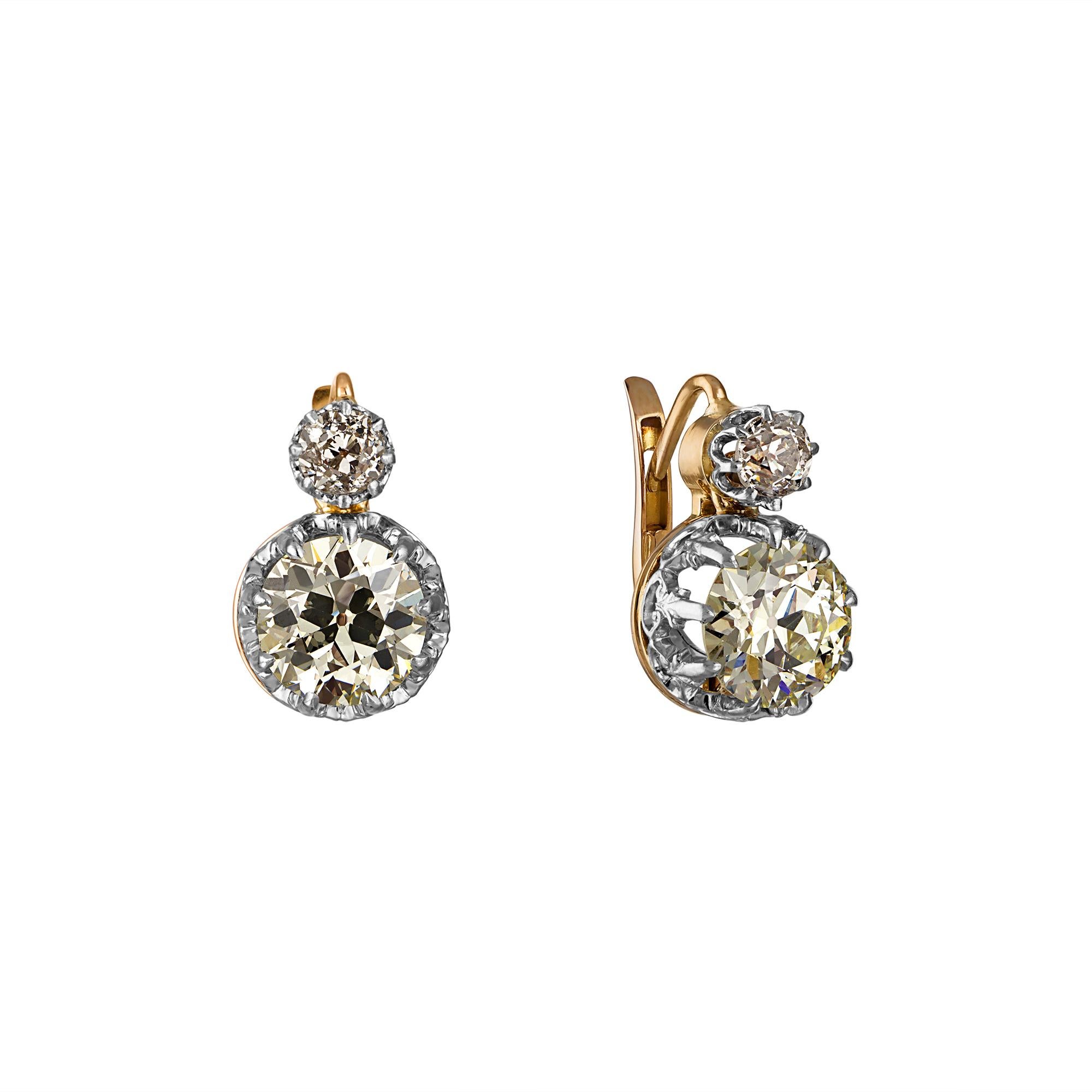 Boucles d'oreilles victoriennes pendantes en or rose 18 carats avec diamants européens anciens de 5,21 carats certifiés GIA en vente 1