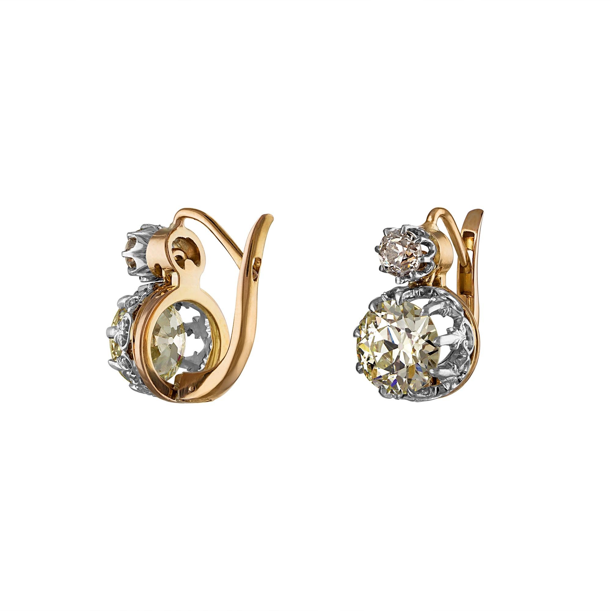 Viktorianische Ohrringe, GIA 5,21 Karat alter europäischer Diamant, baumelnde Platin, 18 Karat Roségold im Angebot 1
