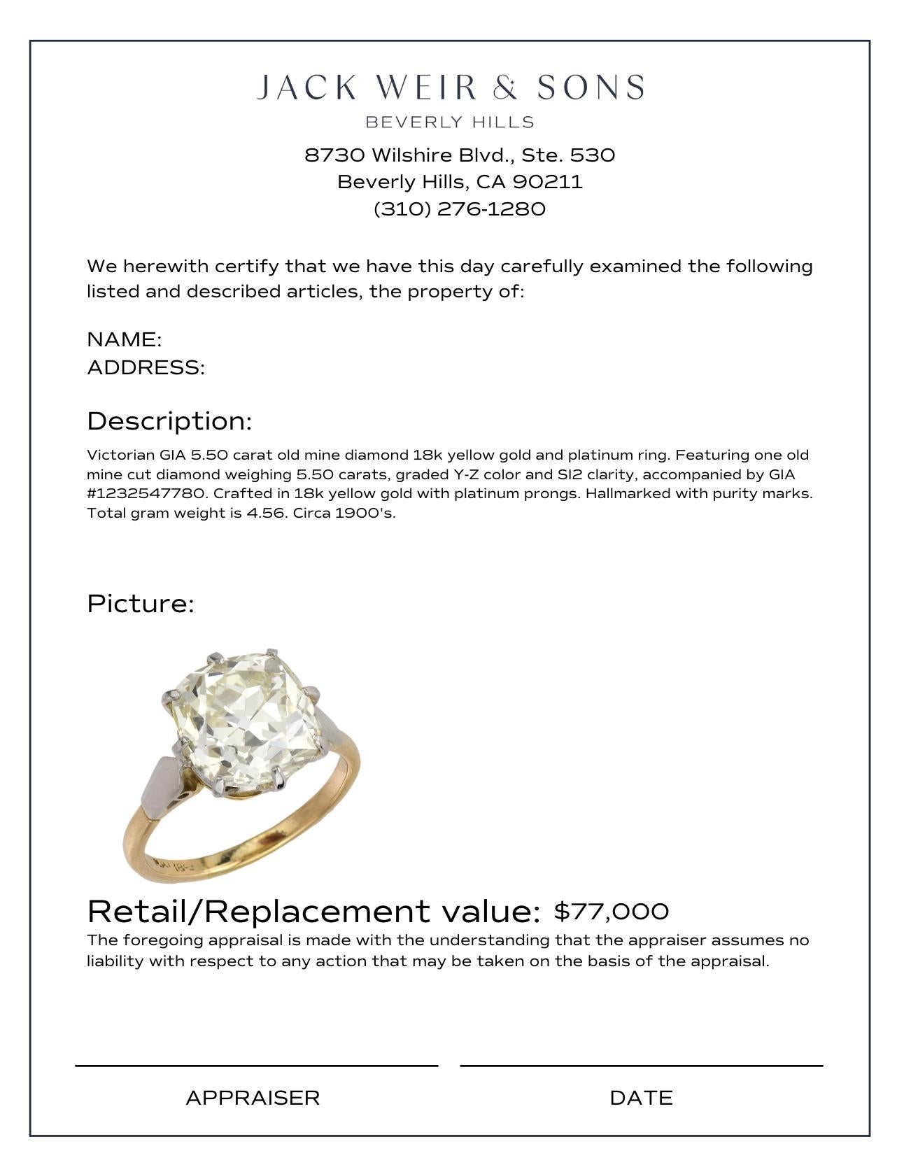 Victorian GIA 5.50 carat old mine diamond 18k yellow gold and platinum ring 1