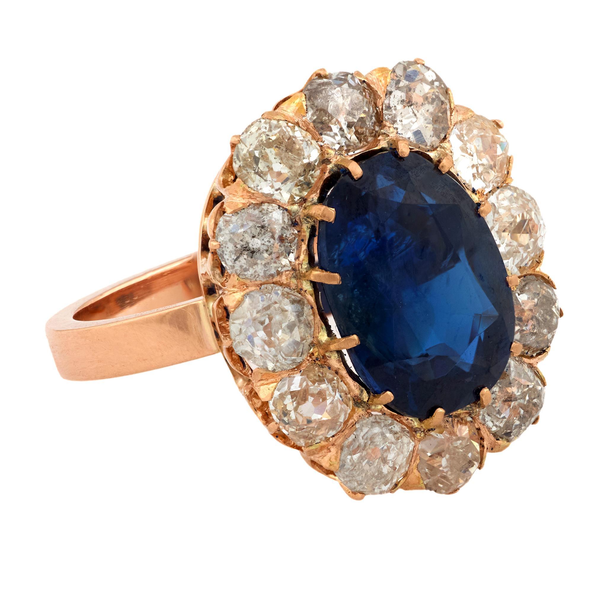 Anello vittoriano GIA da 5,86 carati senza calore con zaffiro e diamante in oro rosa 18k In condizioni buone in vendita a Beverly Hills, CA