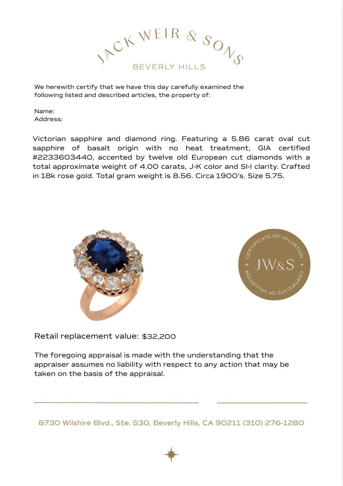 Anello vittoriano GIA da 5,86 carati senza calore con zaffiro e diamante in oro rosa 18k in vendita 1
