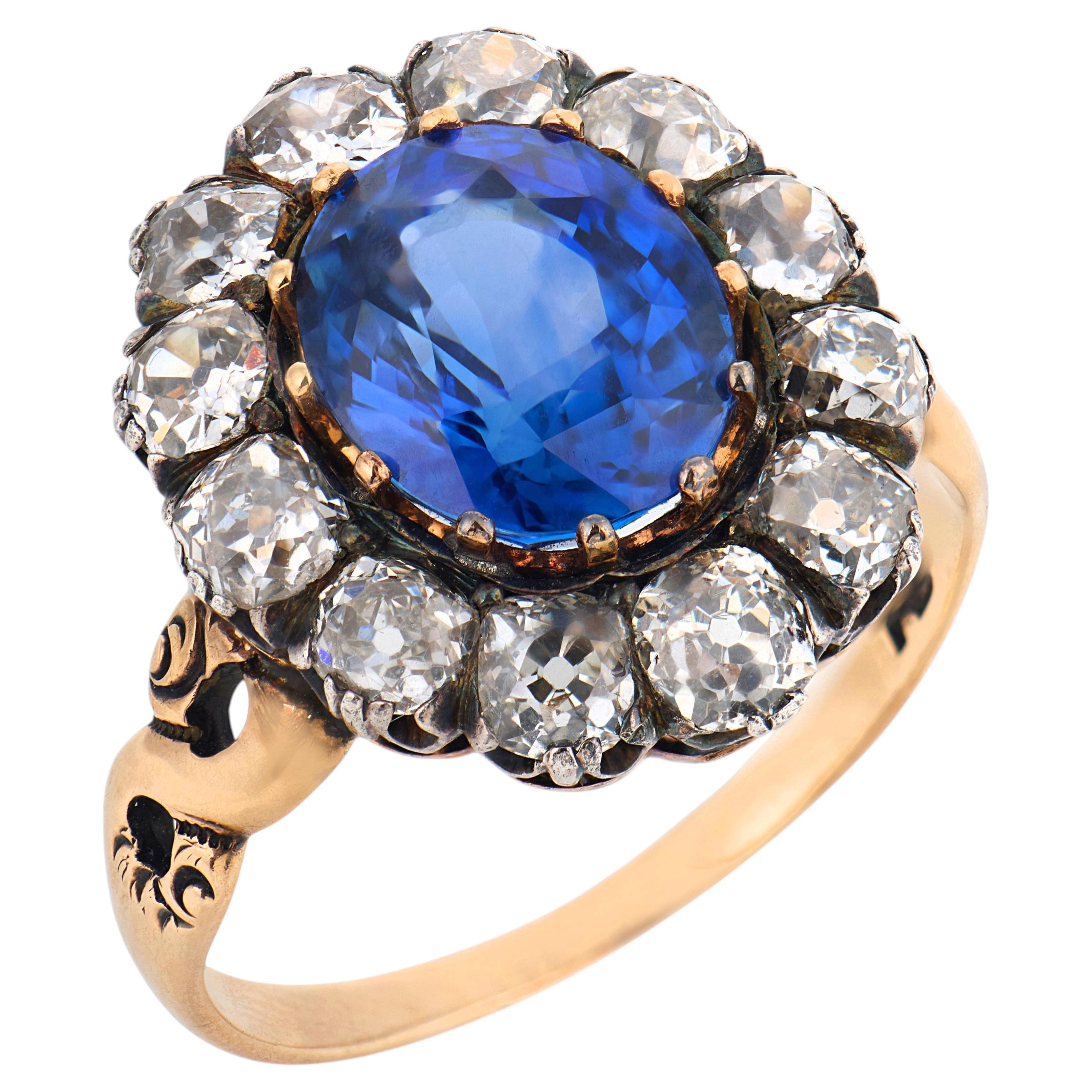 Victorian GIA 6.04 carat Ceylon sapphire diamond 9k gold silver cluster ring For Sale