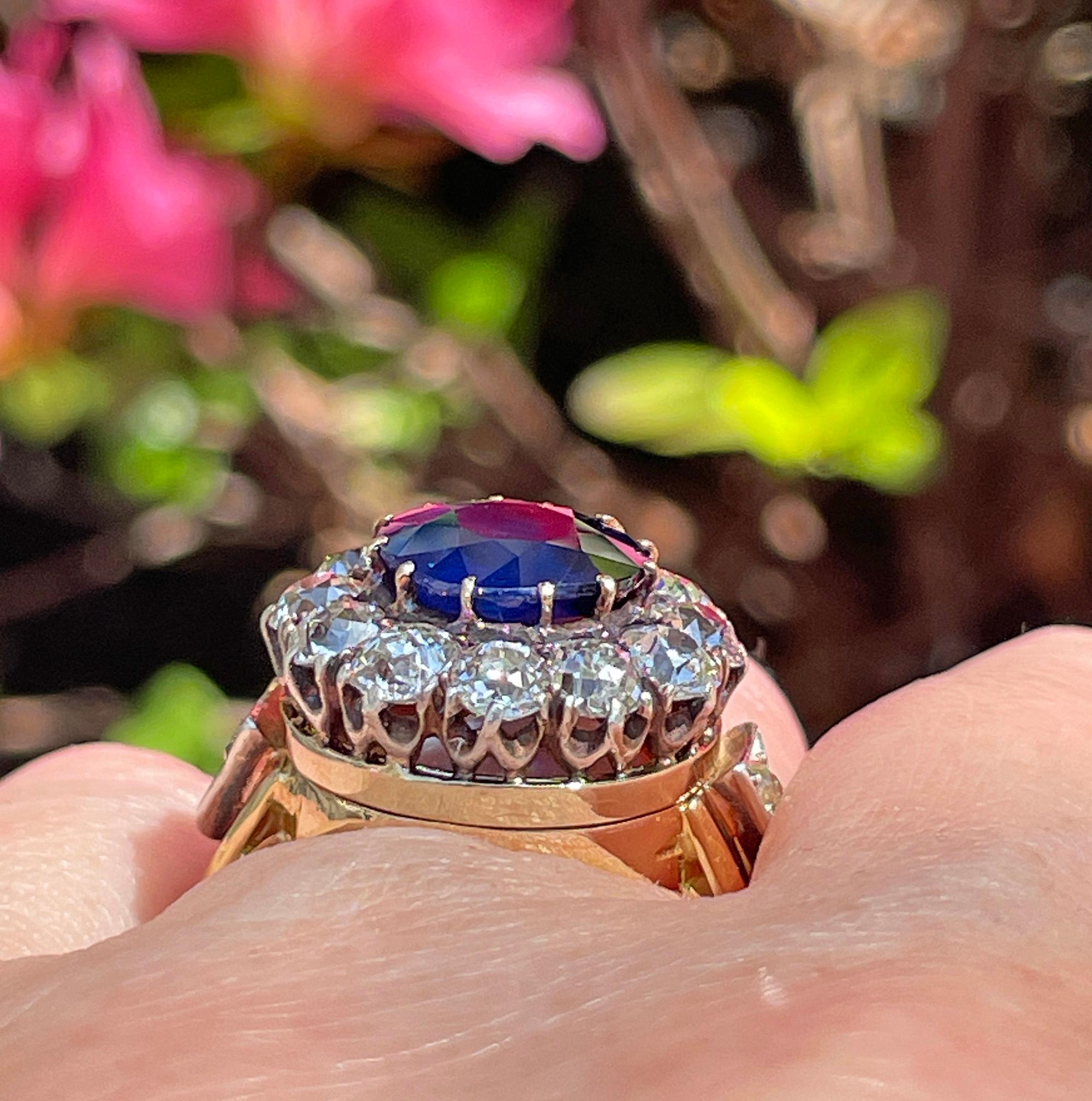 Victorian GIA 6.27ct No Heat Blue Sapphire Diamond Antique Cluster 18K Gold Ring For Sale 8