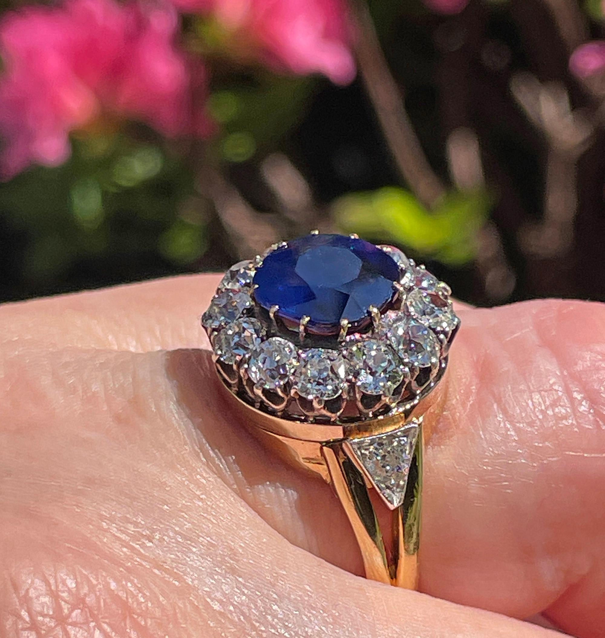 Victorian GIA 6.27ct No Heat Blue Sapphire Diamond Antique Cluster 18K Gold Ring For Sale 9