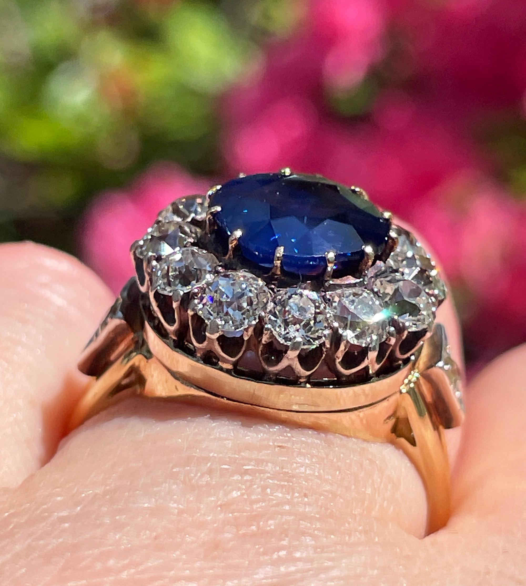 Victorian GIA 6.27ct No Heat Blue Sapphire Diamond Antique Cluster 18K Gold Ring For Sale 10