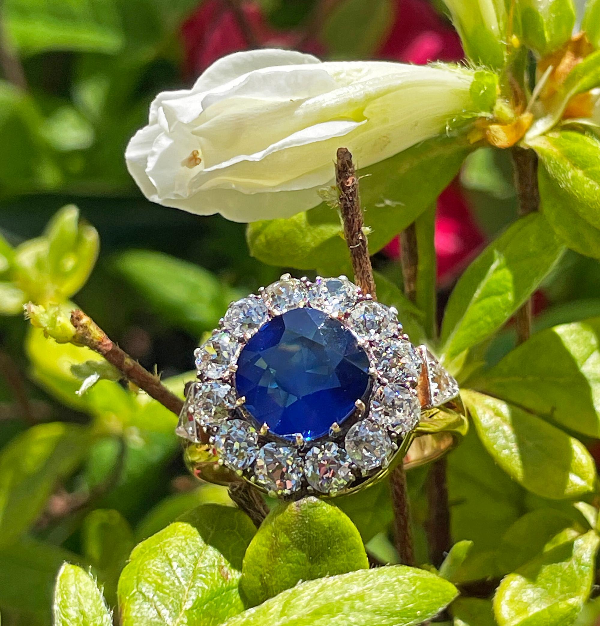 Victorian GIA 6.27ct No Heat Blue Sapphire Diamond Antique Cluster 18K Gold Ring For Sale 11