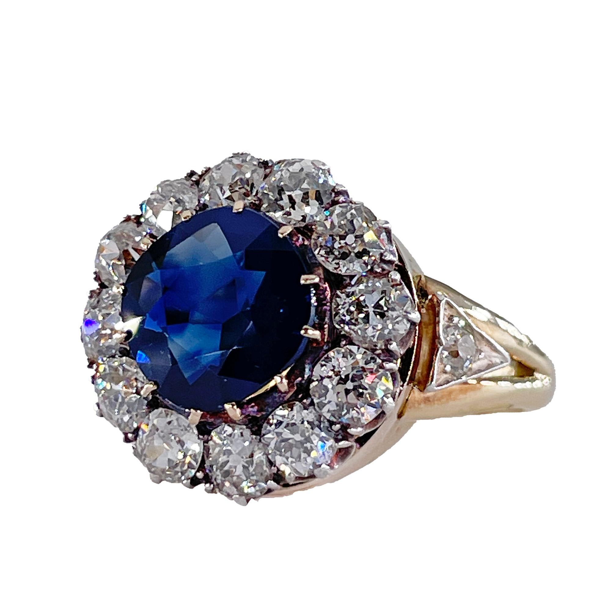 Cushion Cut Victorian GIA 6.27ct No Heat Blue Sapphire Diamond Antique Cluster 18K Gold Ring For Sale