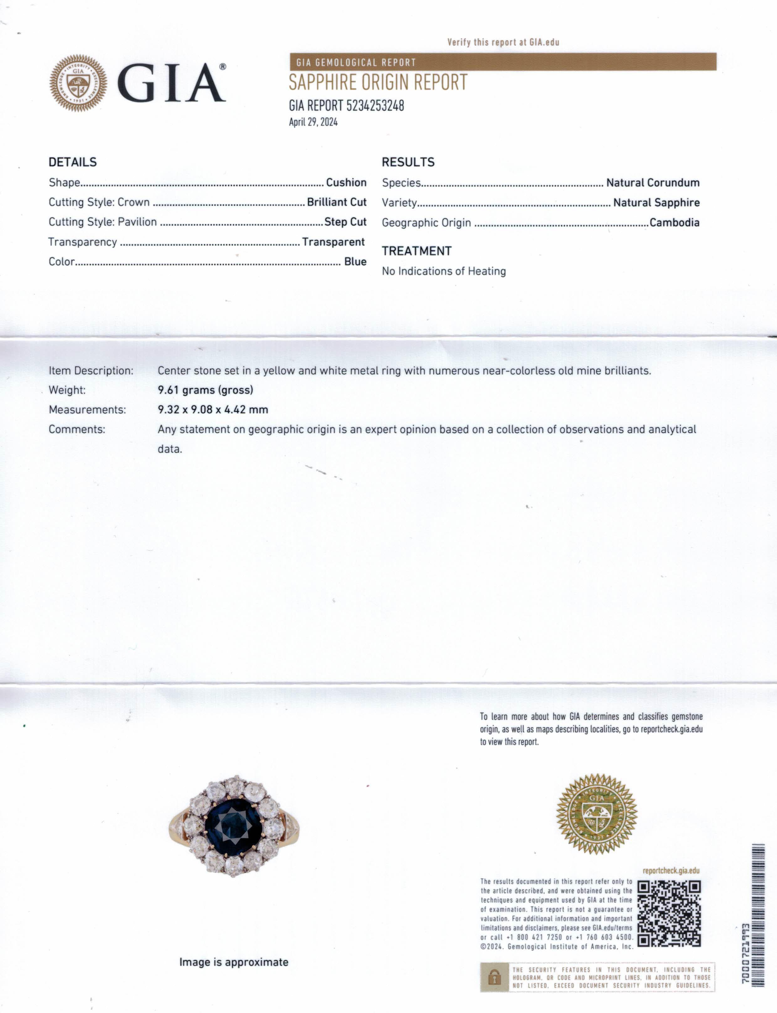 Taille coussin Bague victorienne en or 18 carats avec diamants et saphir bleu de 6,27 carats certifié GIA, sans chaleur en vente