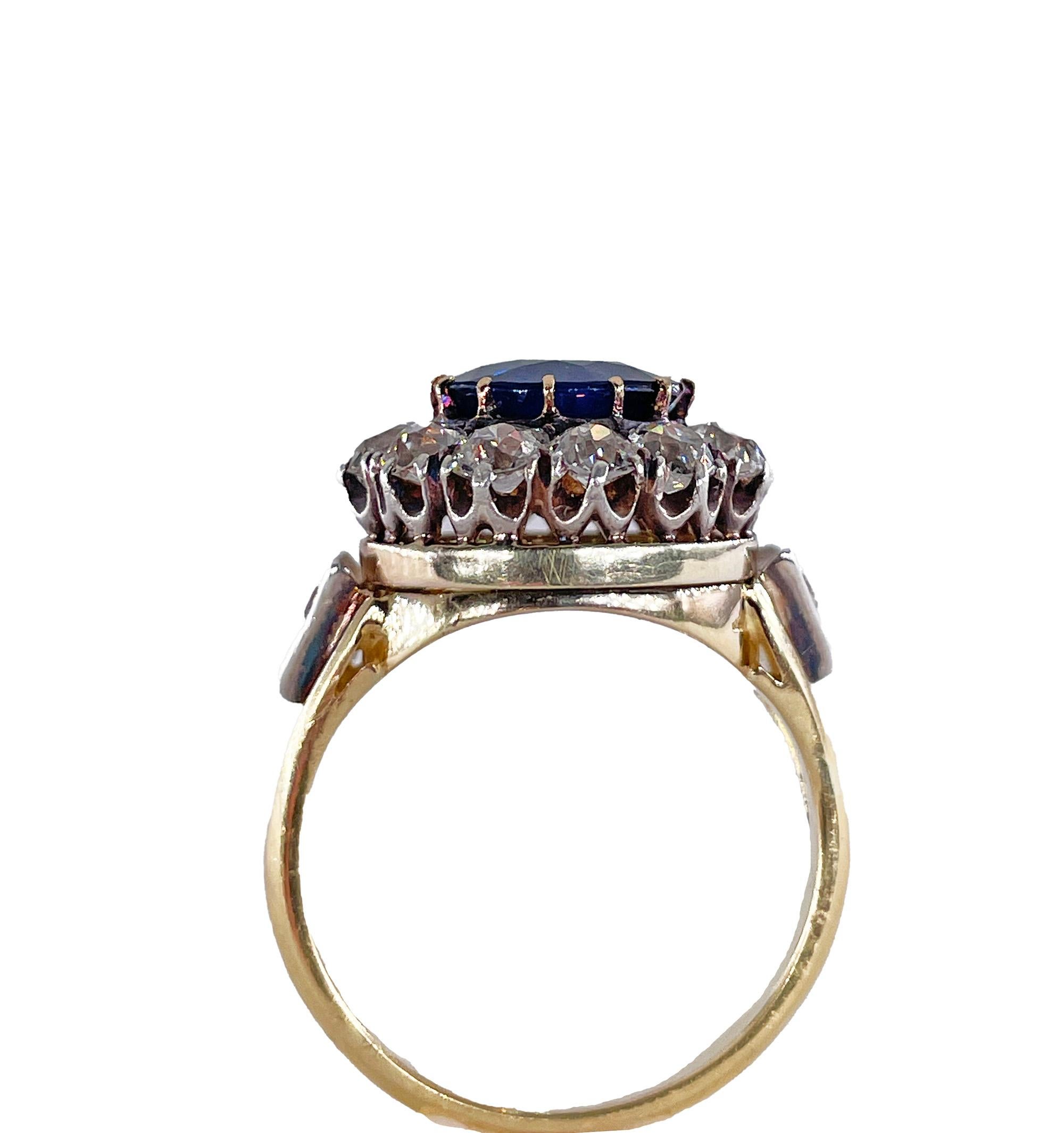 Victorian GIA 6.27ct No Heat Blue Sapphire Diamond Antique Cluster 18K Gold Ring For Sale 5