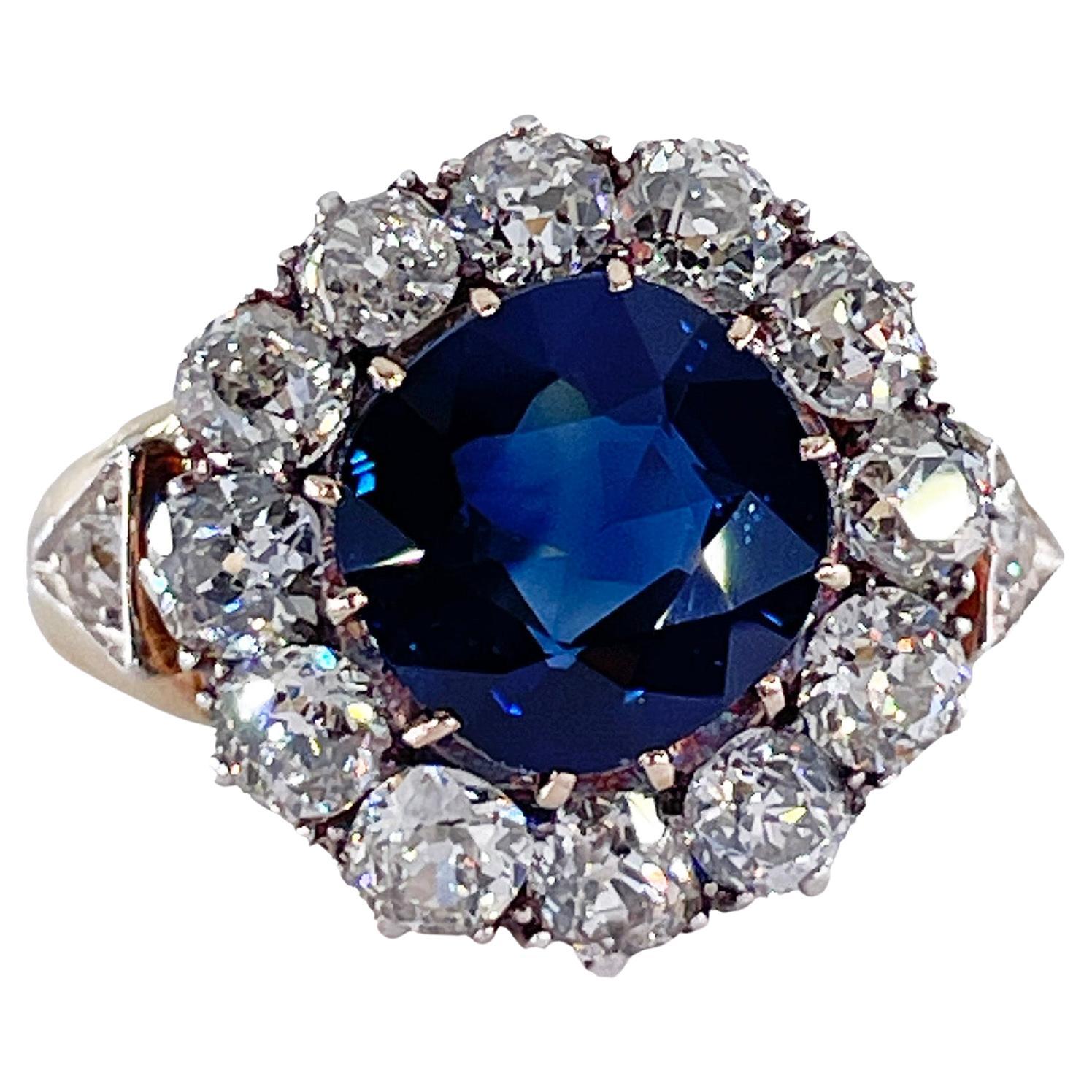 Victorian GIA 6.27ct No Heat Blue Sapphire Diamond Antique Cluster 18K Gold Ring For Sale