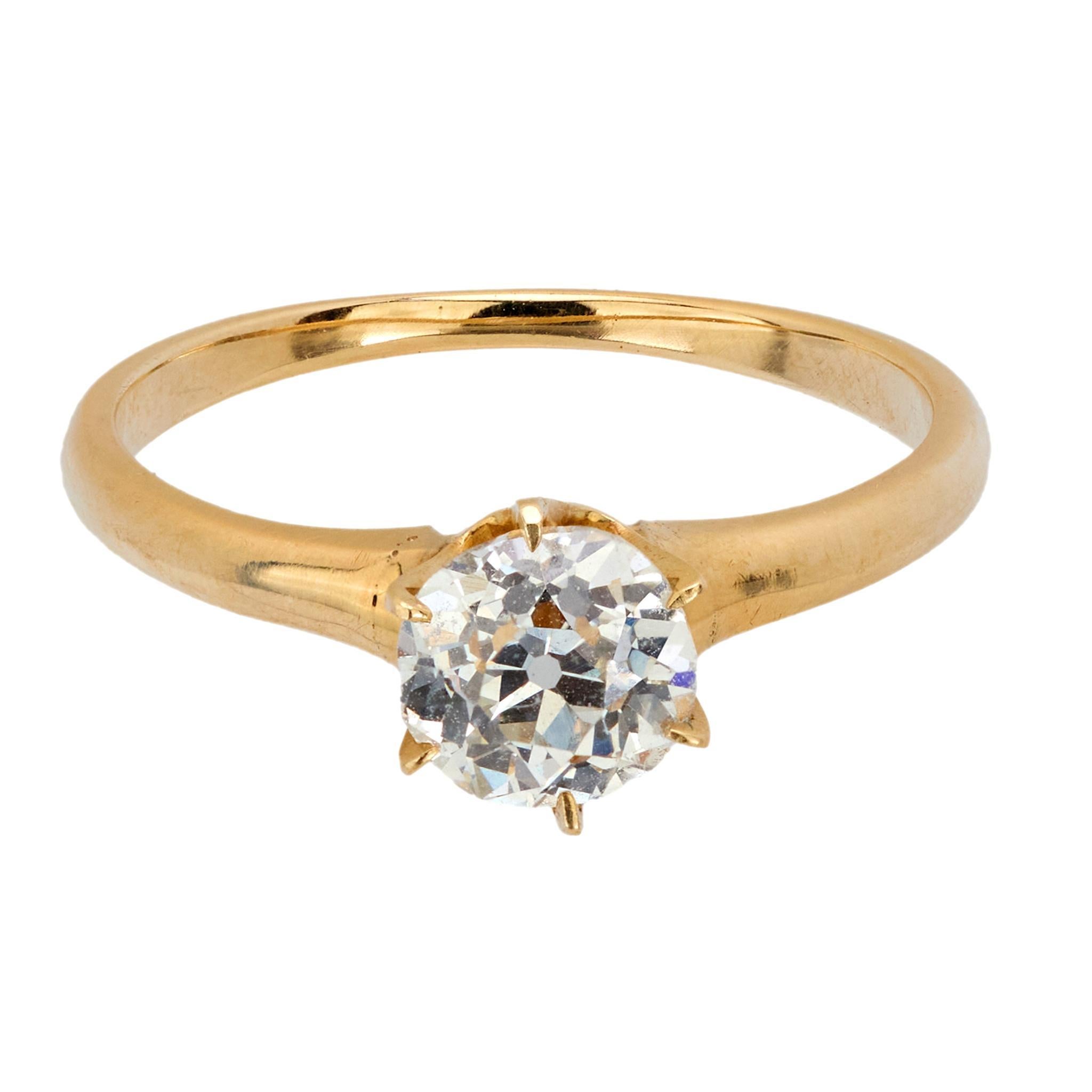 Old Mine Cut Victorian GIA .88 carat old mine cut diamond 14k yellow gold engagement ring For Sale