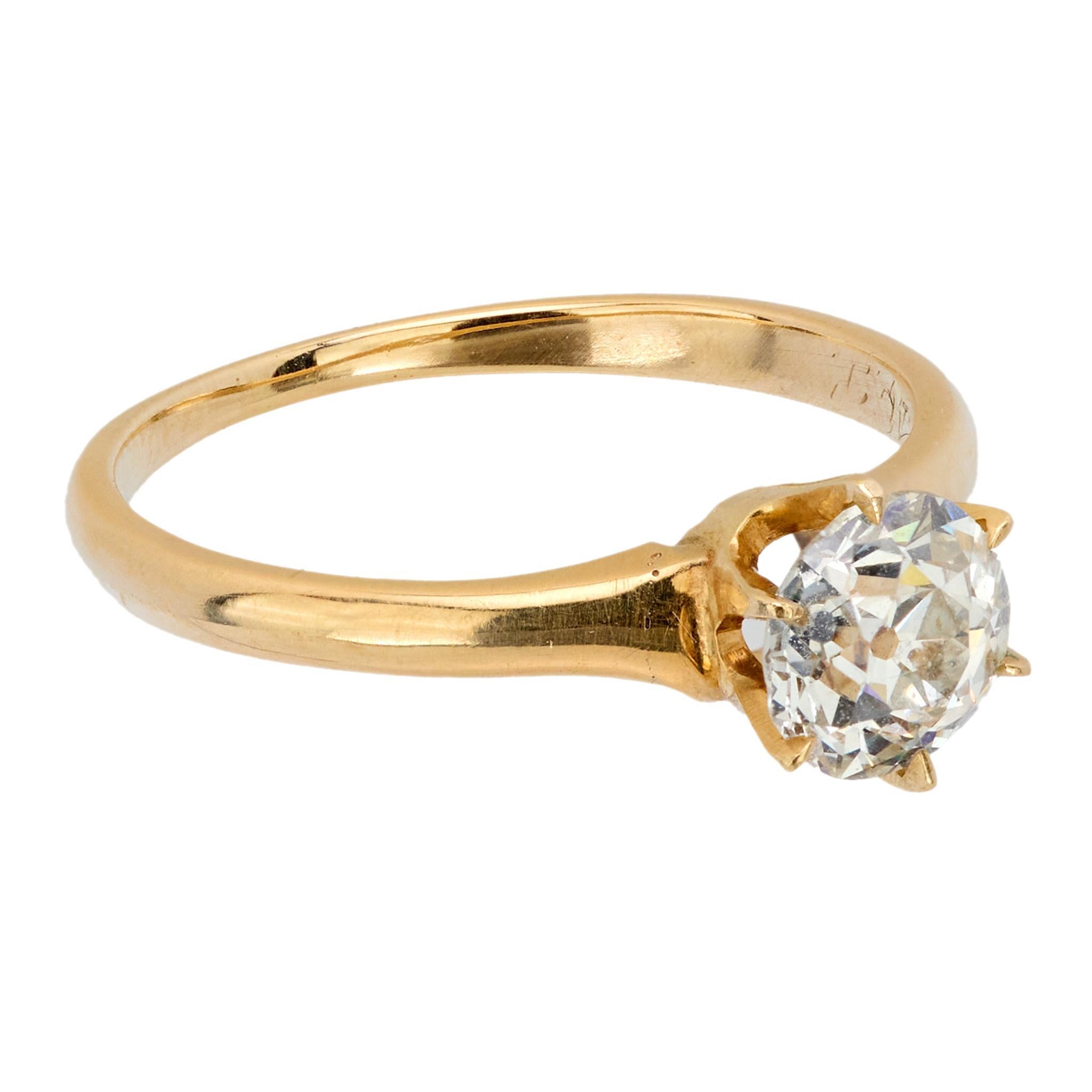 Victorian GIA .88 carat old mine cut diamond 14k yellow gold engagement ring In Excellent Condition For Sale In Beverly Hills, CA