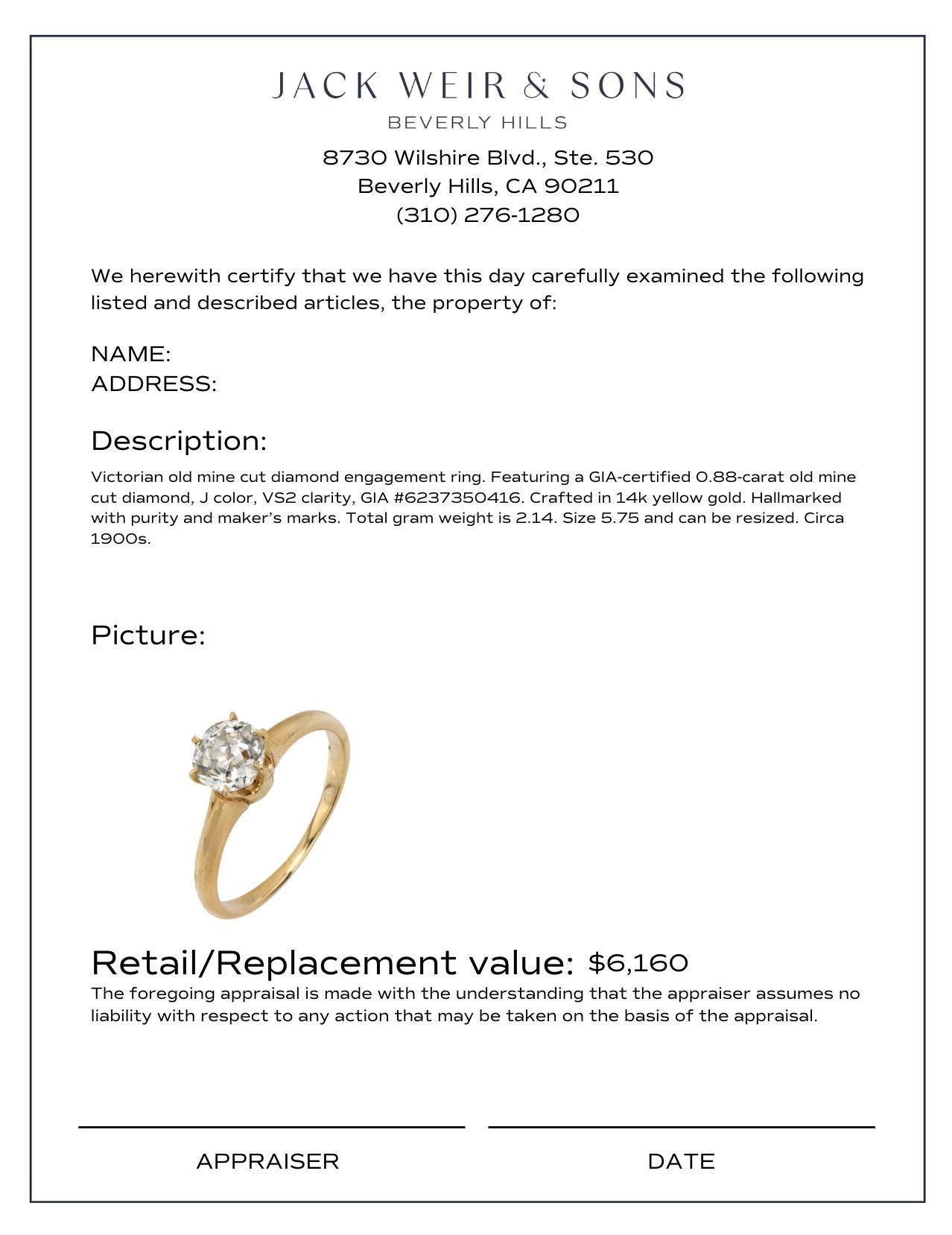 Women's or Men's Victorian GIA .88 carat old mine cut diamond 14k yellow gold engagement ring For Sale