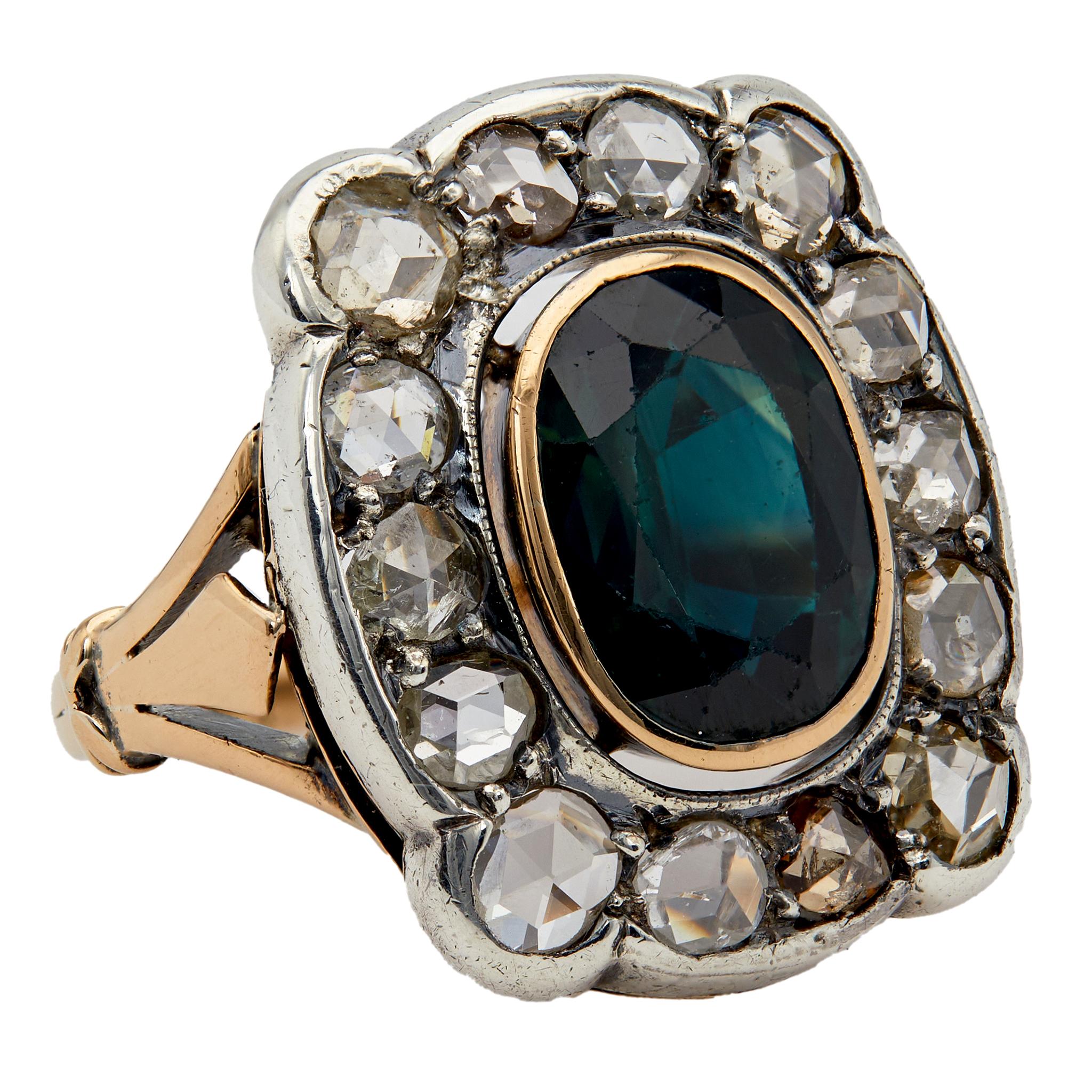 Women's or Men's Victorian GIA Australian No Heat Sapphire and Diamond Silver 18k Cluster Ring