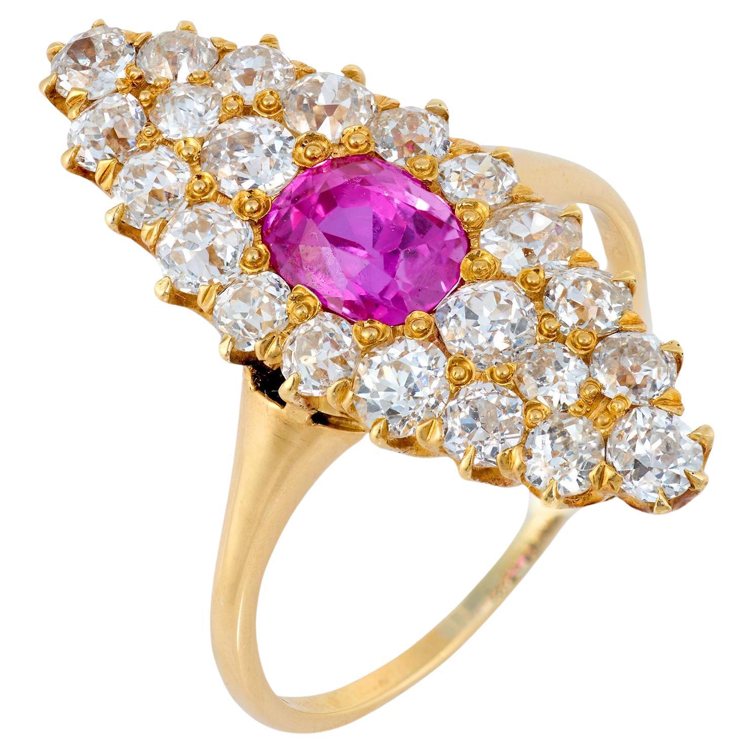 Victorian GIA Burma no heat pink sapphire diamond navette ring en vente