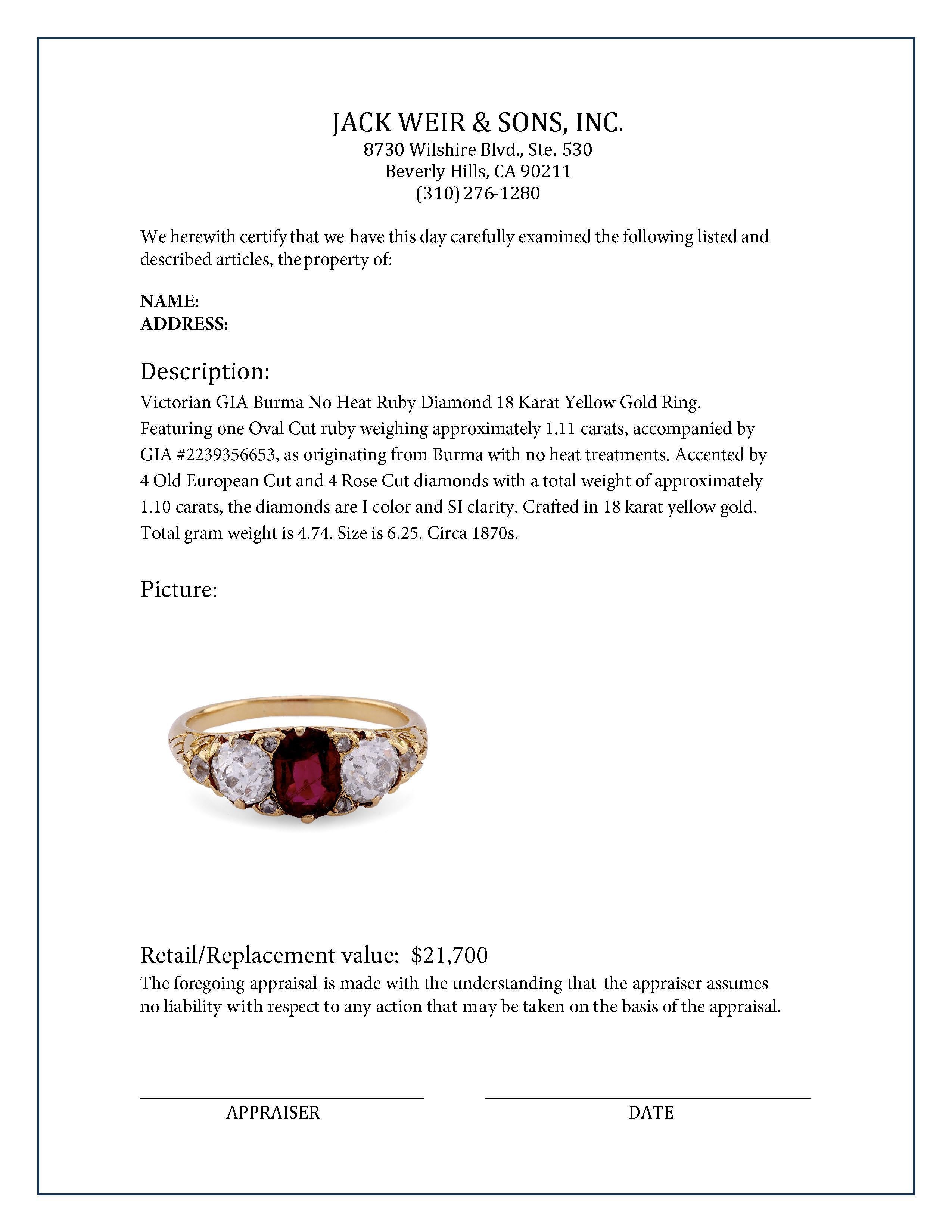 Viktorianischer GIA Burma Ring aus 18 Karat Gelbgold mit unbehandeltem Rubin und Diamant für Damen oder Herren