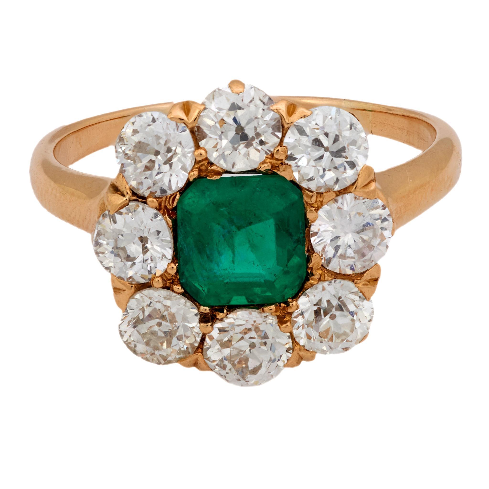 Asscher Cut Victorian GIA Colombian emerald diamond 18k rose gold cluster ring For Sale