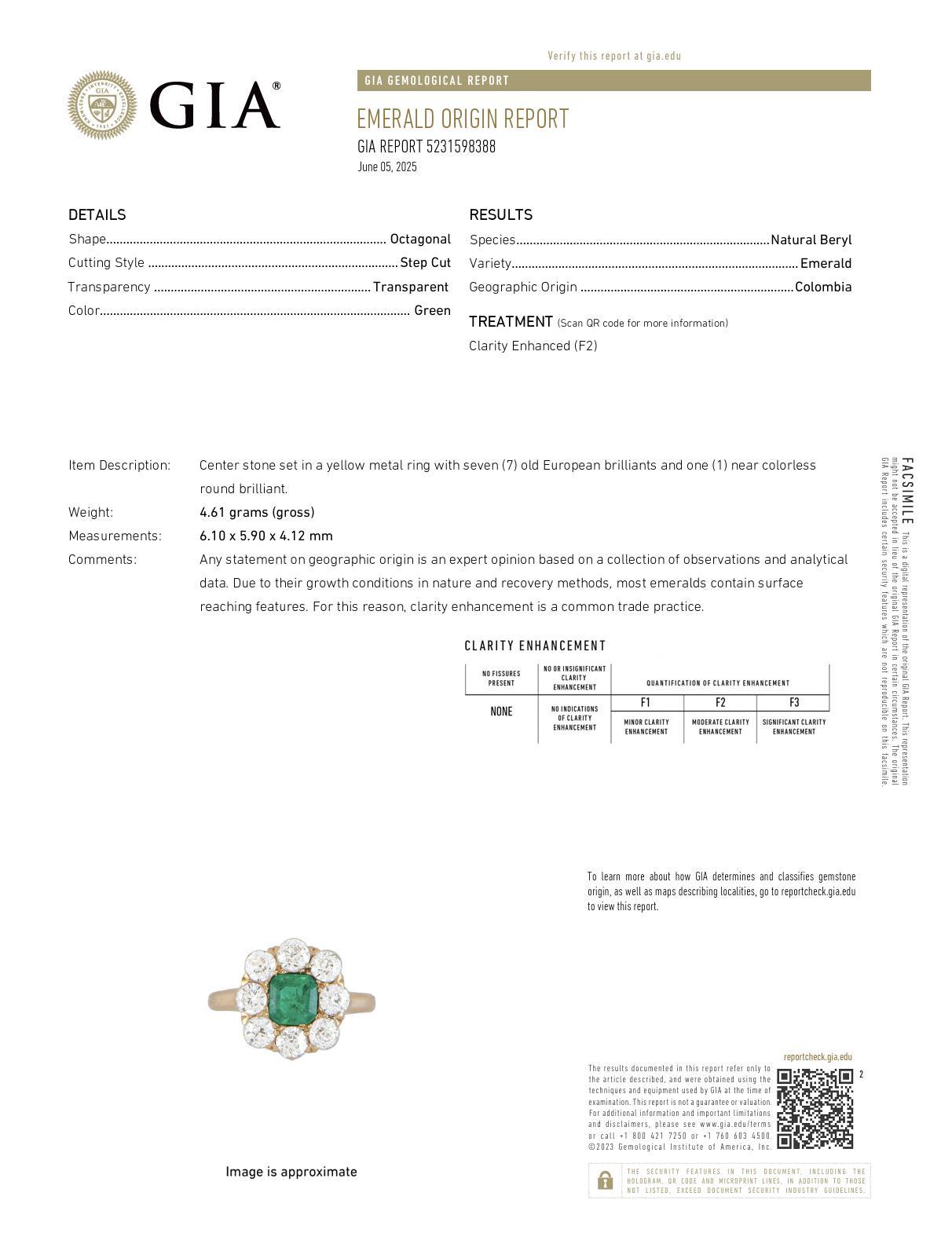 Victorian GIA Colombian emerald diamond 18k rose gold cluster ring For Sale 2
