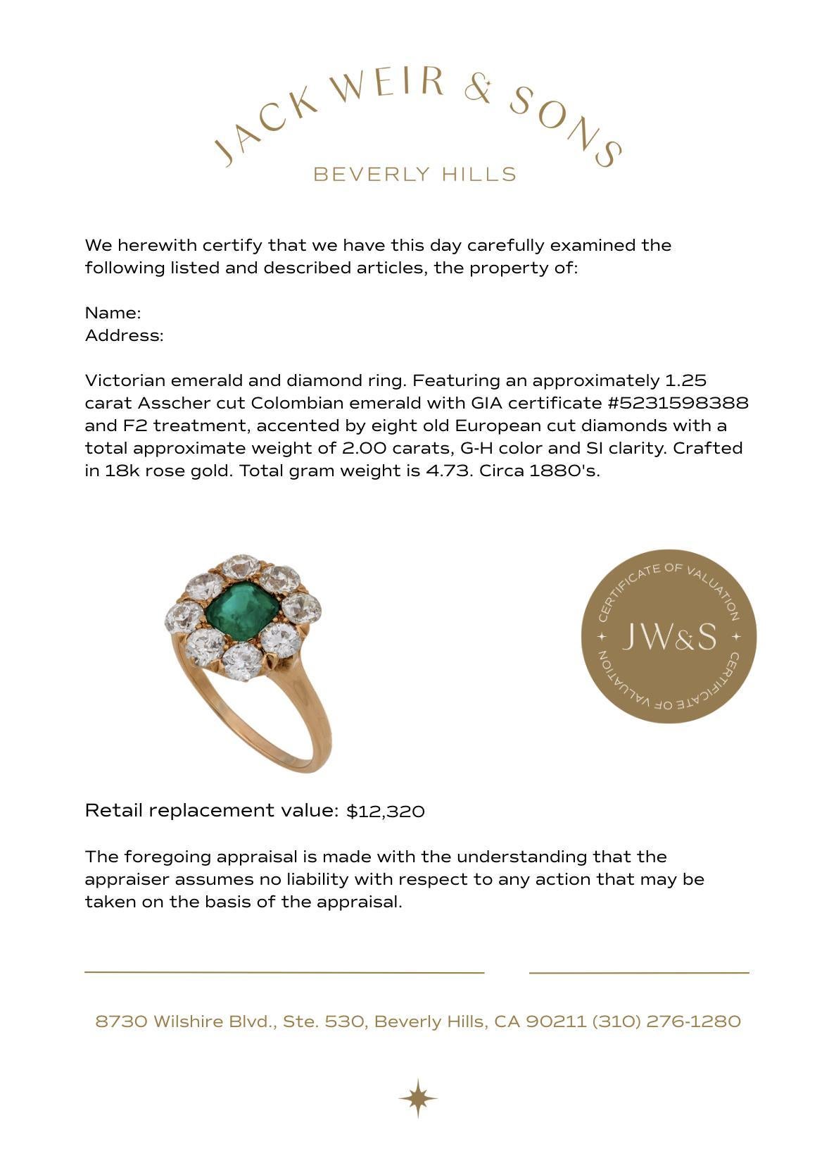 Victorian GIA Colombian emerald diamond 18k rose gold cluster ring For Sale 3
