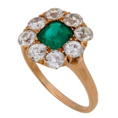 Antique Victorian GIA Colombian emerald diamond 18k rose gold cluster ring