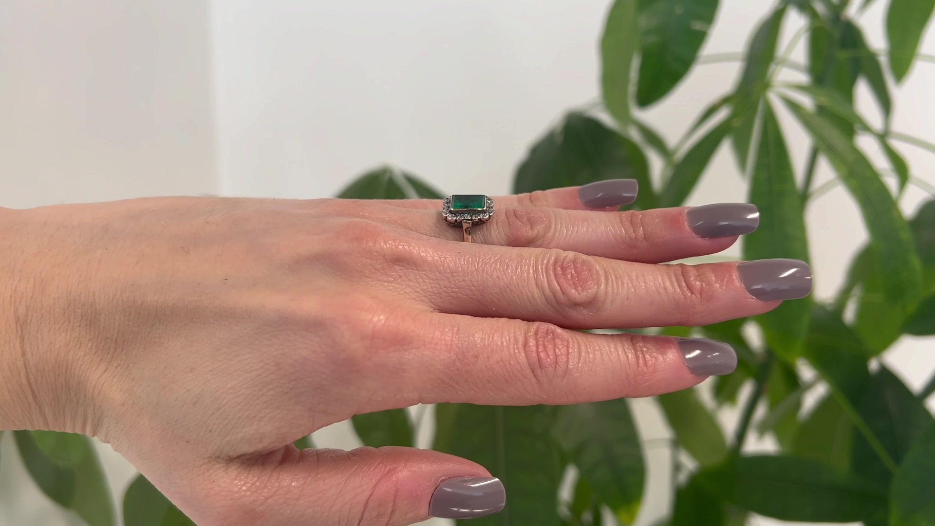 Octagon Cut Victorian GIA Colombian Emerald Diamond Silver 14k Yellow Gold Cluster Ring
