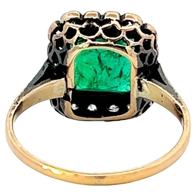 Women's or Men's Victorian GIA Colombian Emerald Diamond Silver 14k Yellow Gold Cluster Ring