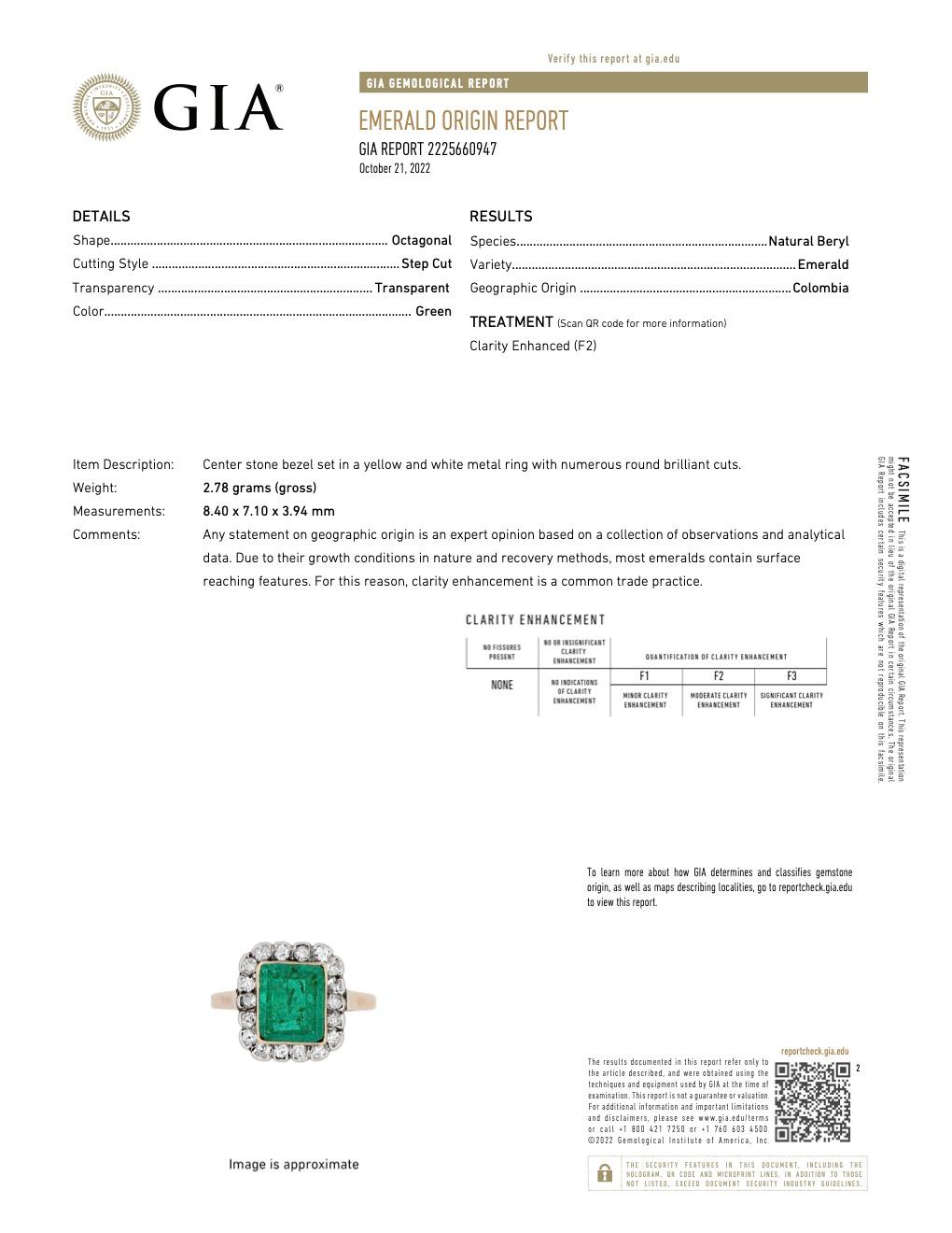 Victorian GIA Colombian Emerald Diamond Silver 14k Yellow Gold Cluster Ring 1