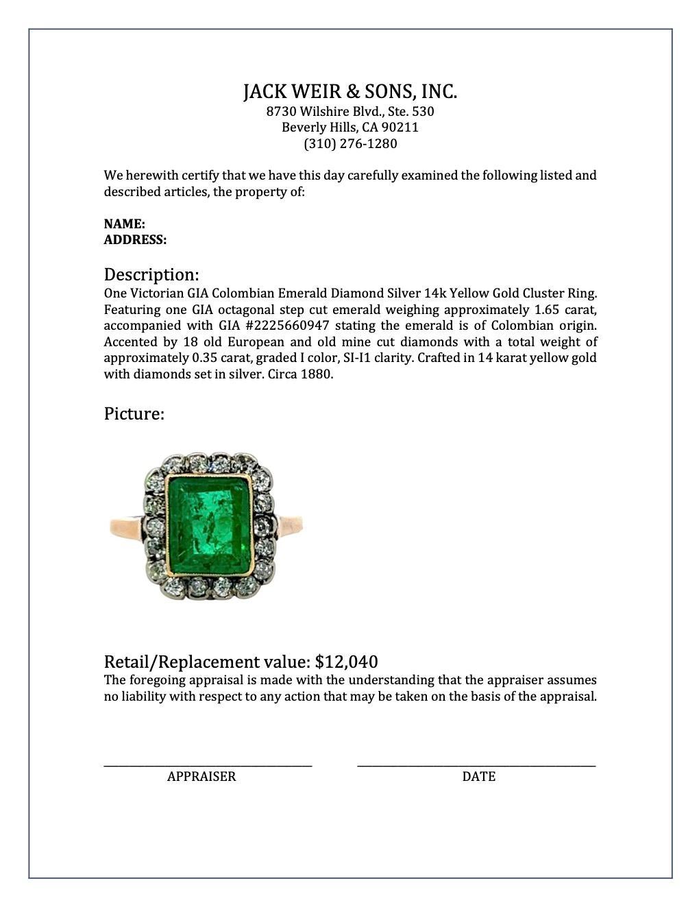 Victorian GIA Colombian Emerald Diamond Silver 14k Yellow Gold Cluster Ring 2