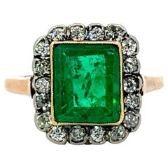 Victorian GIA Colombian Emerald Diamond Silver 14k Yellow Gold Cluster Ring