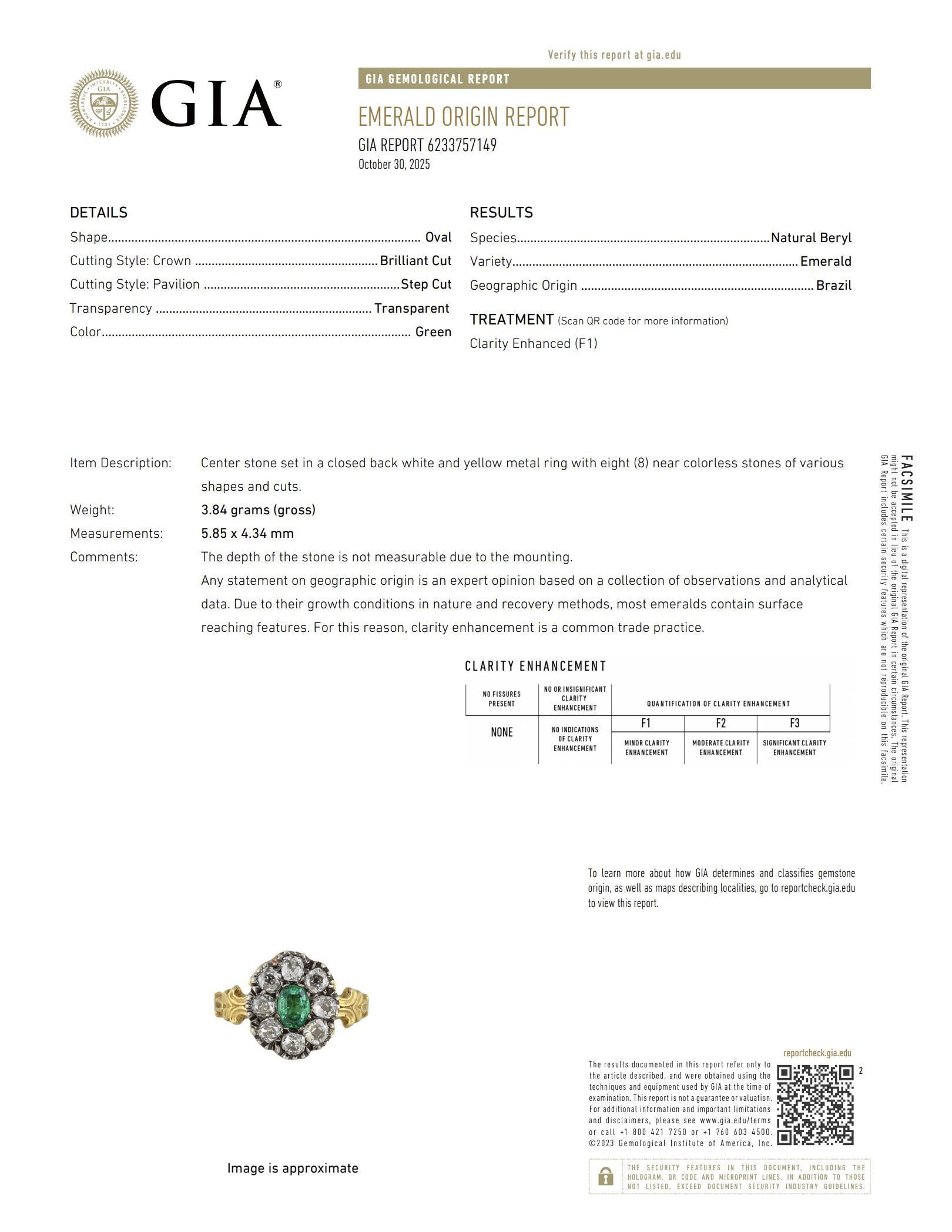 Victorian GIA emerald diamond 18k yellow gold silver cluster ring Damen im Angebot