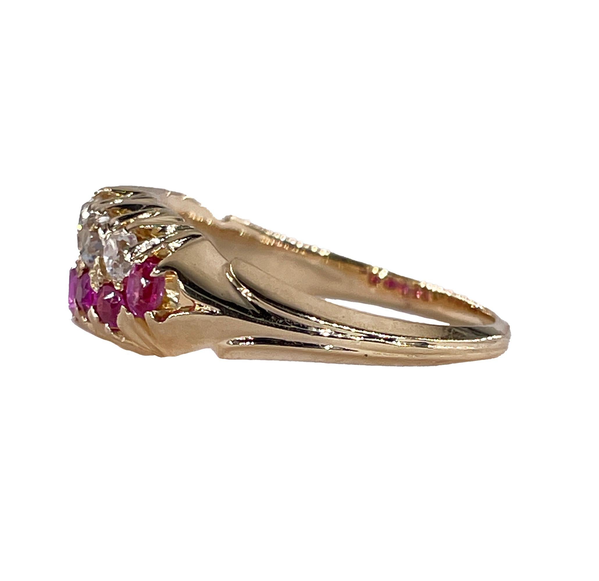 Victorian GIA No-Heat Burmese Pink Sapphires & Old Mine Diamond 16KY Gold  Ring For Sale 5