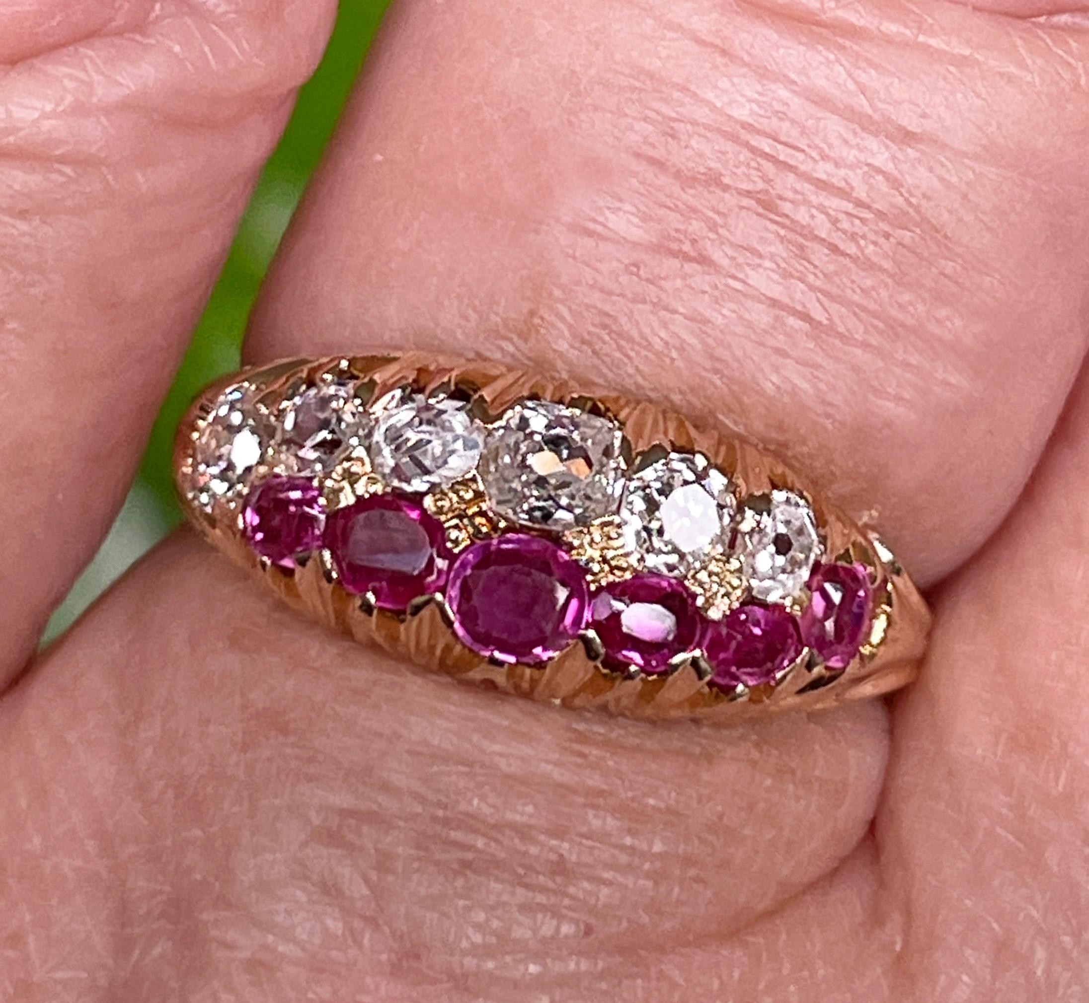 Victorian GIA No-Heat Burmese Pink Sapphires & Old Mine Diamond 16KY Gold  Ring For Sale 8