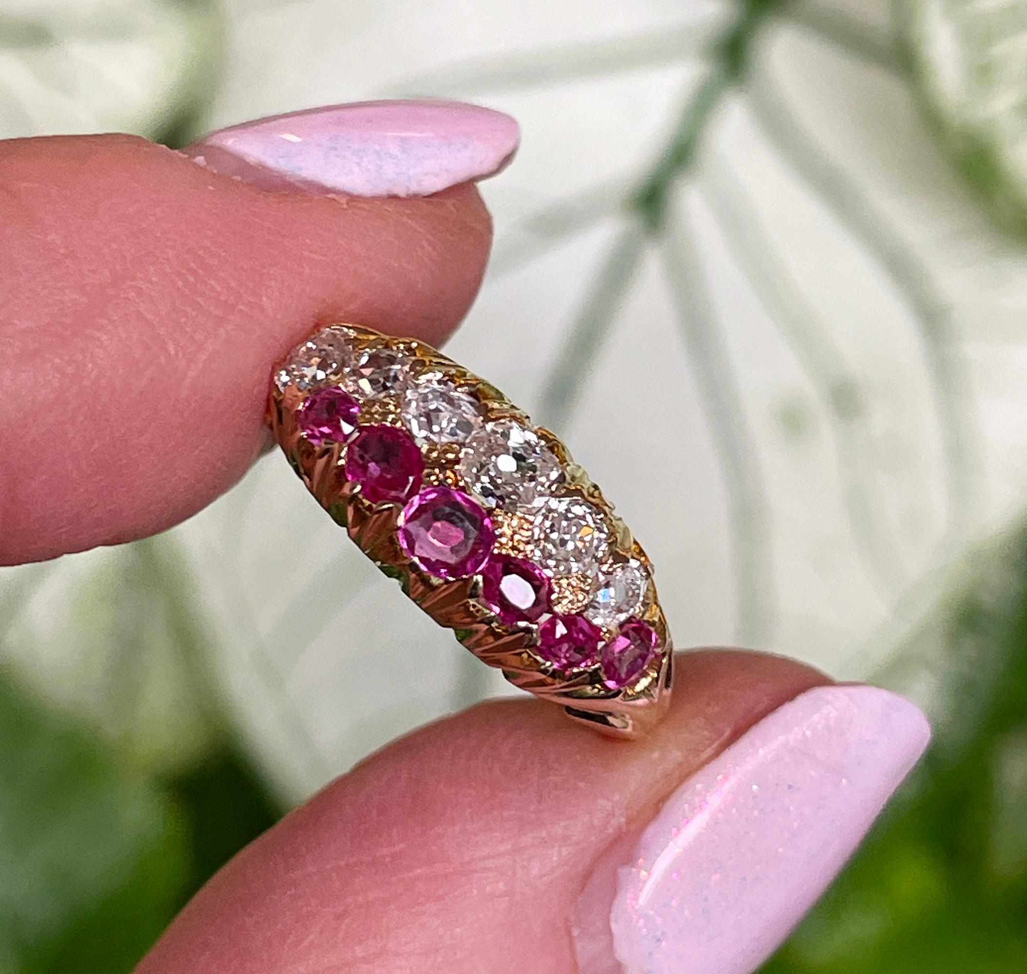 Victorian GIA No-Heat Burmese Pink Sapphires & Old Mine Diamond 16KY Gold  Ring For Sale 13