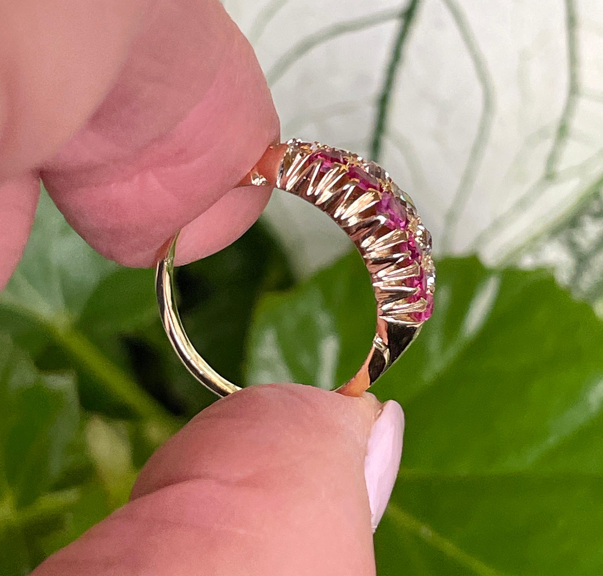 Victorian GIA No-Heat Burmese Pink Sapphires & Old Mine Diamond 16KY Gold  Ring For Sale 14